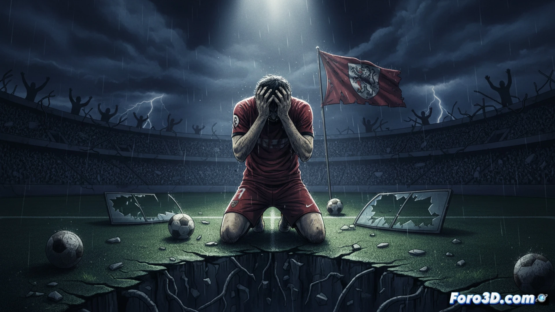cinematic scene of a football player alone on an empty pitch at night, floodlights casting harsh shadows, a shattered wooden bench nearby, torn jersey hanging from a goalpost, deflated ball in the mud, player kneeling with head buried in hands, stadium seats covered in torn banners, technical illustration style, dramatic low-angle lighting, photorealistic render, intense emotional atmosphere, weathered artificial turf texture, broken goal net swaying in wind, ultra-detailed fabric folds and grass stains