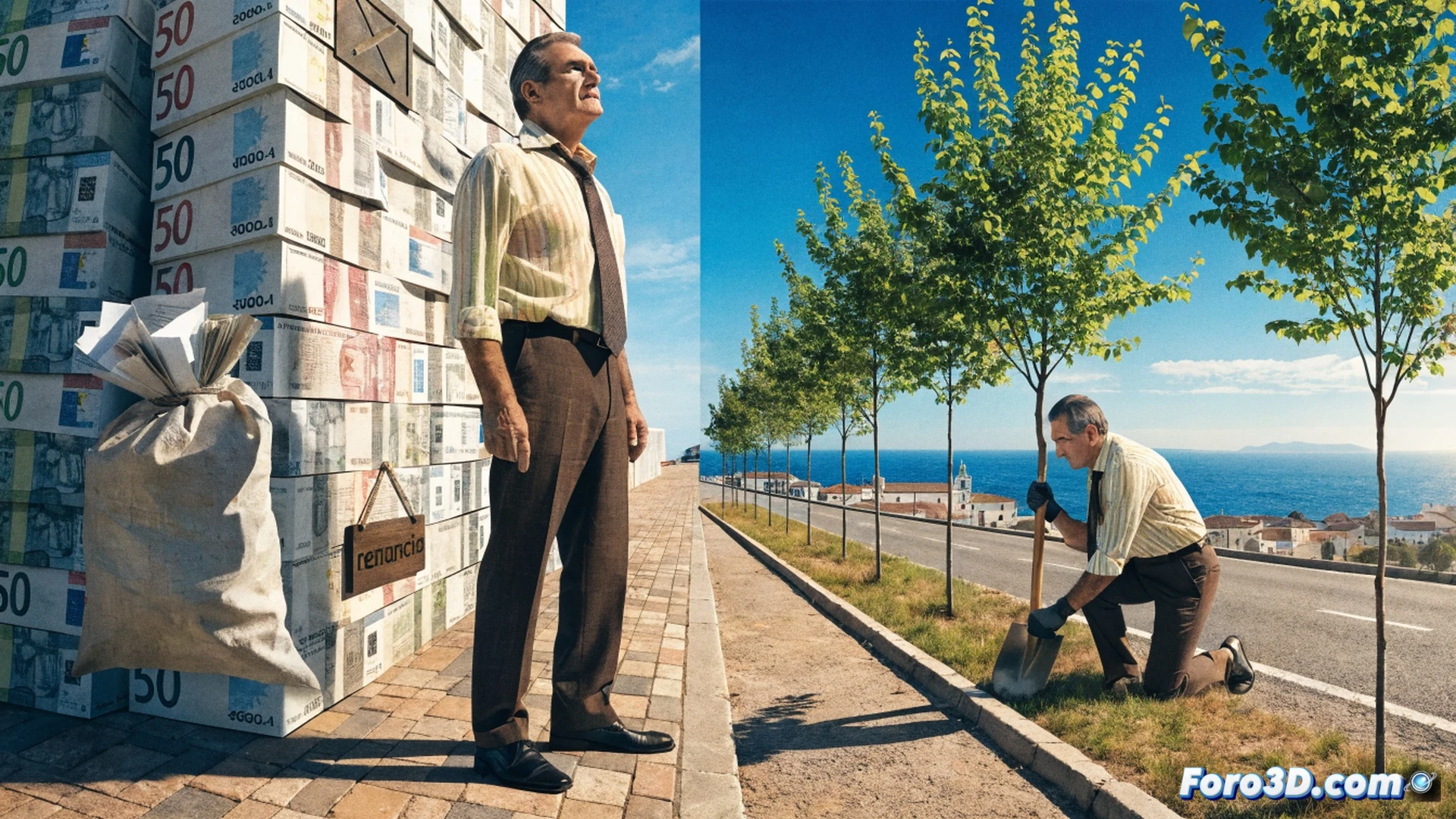 newly elected mayor in a sunlit mediterranean plaza holding a young olive tree sapling with both hands, municipal workers in high-visibility vests preparing a planting hole with shovels and a soil auger, a small drone hovering nearby capturing the scene for civic participation documentation, realistic trees lining the background street casting shadows, bright daylight, warm earthy tones, photorealistic architectural visualization, cinematic wide-angle lens, detailed foliage and paving textures, civic engagement atmosphere