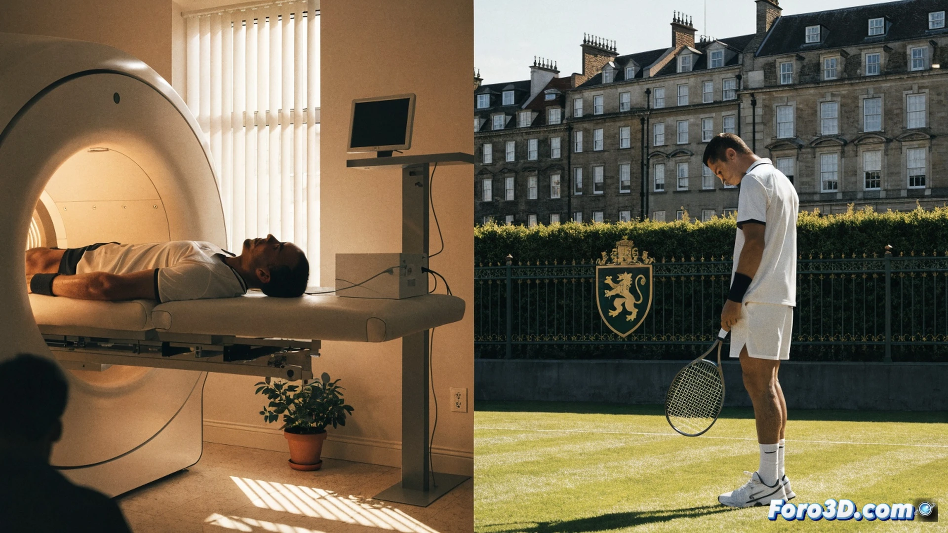 tenista español joven sobre hierba verde, deteniendo su entrenamiento por dolor en el aductor, sujetando la raqueta con gesto de frustración, fondo borroso pista de césped y grada vacía, reloj digital marcando dos semanas antes de Wimbledon, primer plano de su muñequera y sudor en la frente, luz natural de atardecer, estilo cinematográfico realista, textura detallada de hierba y red, atmósfera tensa de lesión deportiva, photorealistic sports editorial