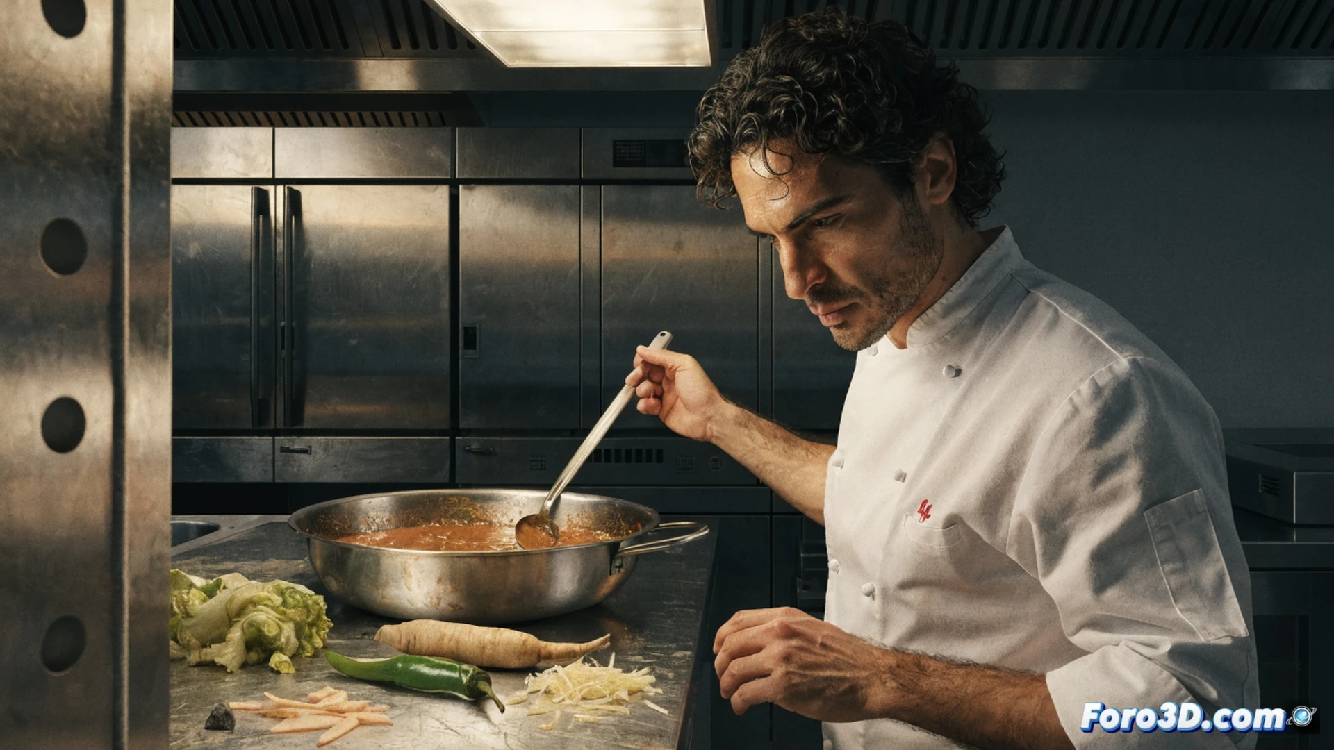 Chef Rafa Zafra plating a fresh seafood dish in a warm, intimate kitchen, hands carefully arranging raw oysters on ice while steam rises from a single copper pot, wooden chopping board with herbs, knife resting beside a handwritten recipe notebook, soft natural light from a small window, photorealistic cinematic style, shallow depth of field emphasizing the chef’s focused expression and the fresh ingredients, warm amber tones, no text or numbers visible, technical food photography aesthetic