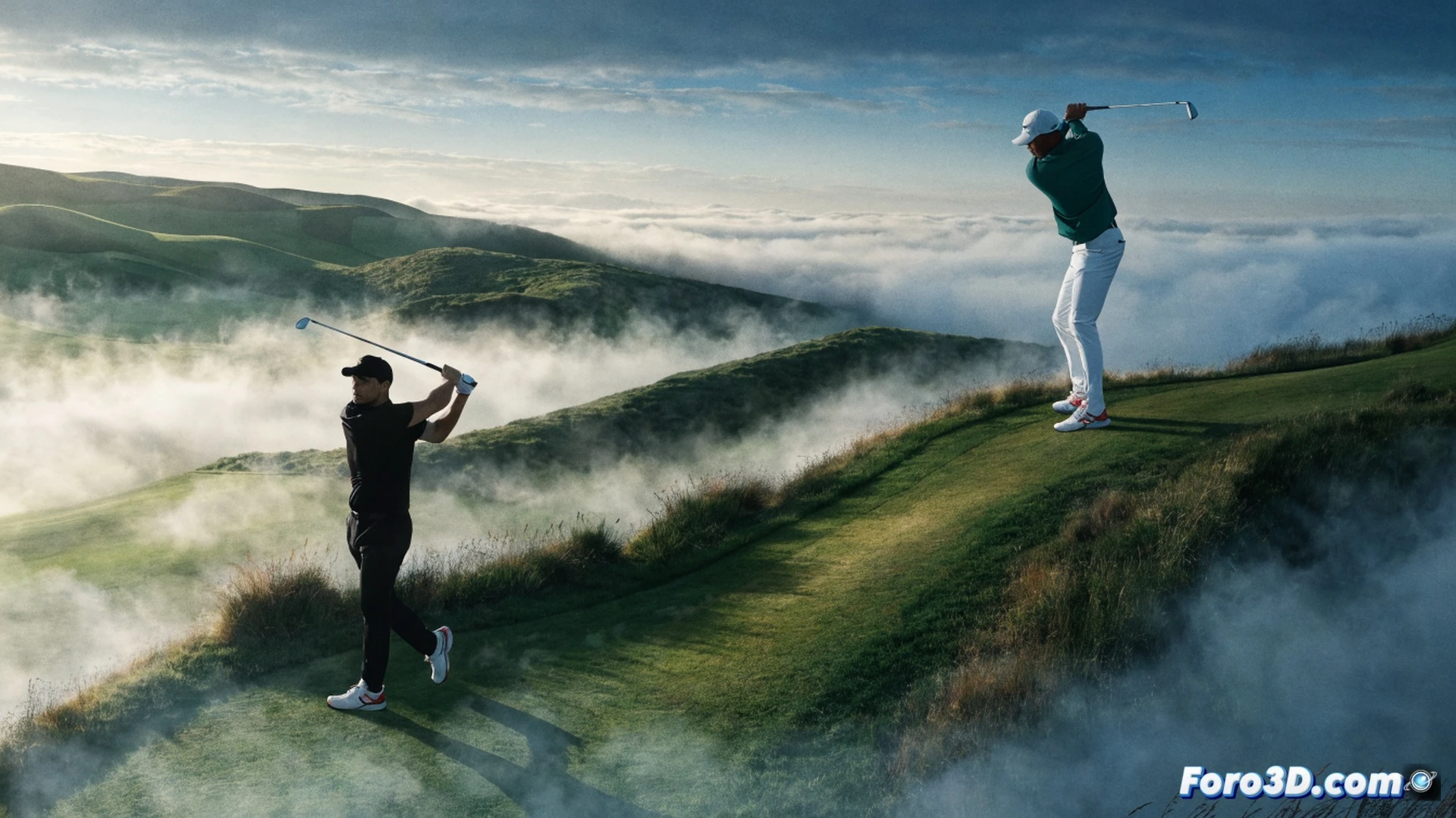 Dos golfistas en acción bajo niebla densa en Shinnecock Hills, Jon Rahm ejecutando un swing potente con hierro largo, Ángel Hidalgo observando su trayectoria de bola mientras el viento dobla las banderas del green, fairway mojado por rocío matinal, rough alto y seco contrastando con césped húmedo, bolsas de palos con logos técnicos visibles, marcadores de yardaje en el suelo, luz difusa filtrándose entre bancos de niebla, estilo cinematic photorealistic, profundidad de campo dramática, tonos fríos azul-grisáceos con destellos de luz solar baja, texturas detalladas de hierba y arena de bunker al fondo, atmósfera de tensión competitiva, ultradetallado render deportivo.