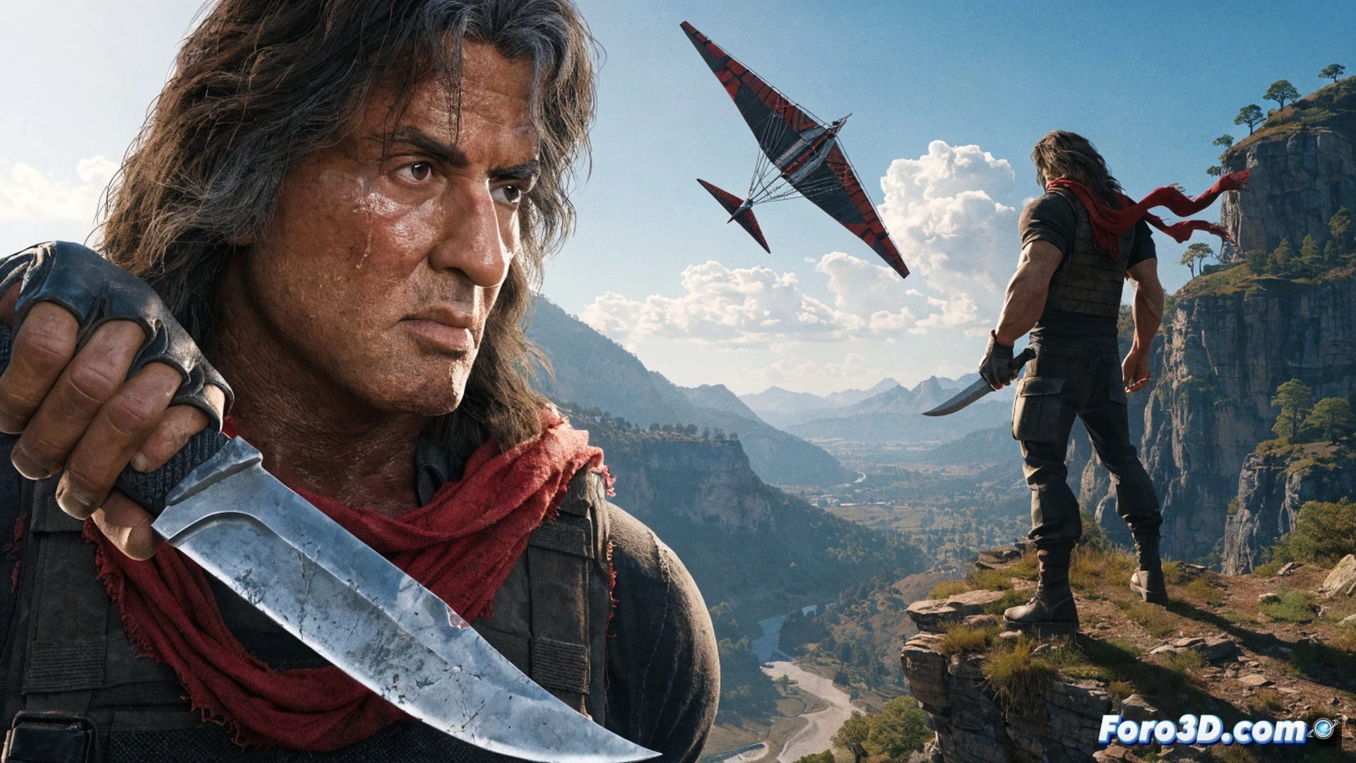 Fortnite battle royale scene, Rambo character model leaping from a floating island, iconic hunting knife gripped in right hand while deploying a red-and-black parachute wing glider, digital terrain with pixelated trees and loot crates below, cinematic game engine visualization, dynamic motion blur on parachute cords, metallic knife blade reflecting virtual sunlight, glowing blue shield effect around character, realistic particle dust from landing impact, ultra-detailed character skin texture, dramatic sunset sky with volumetric clouds, technical game asset render style