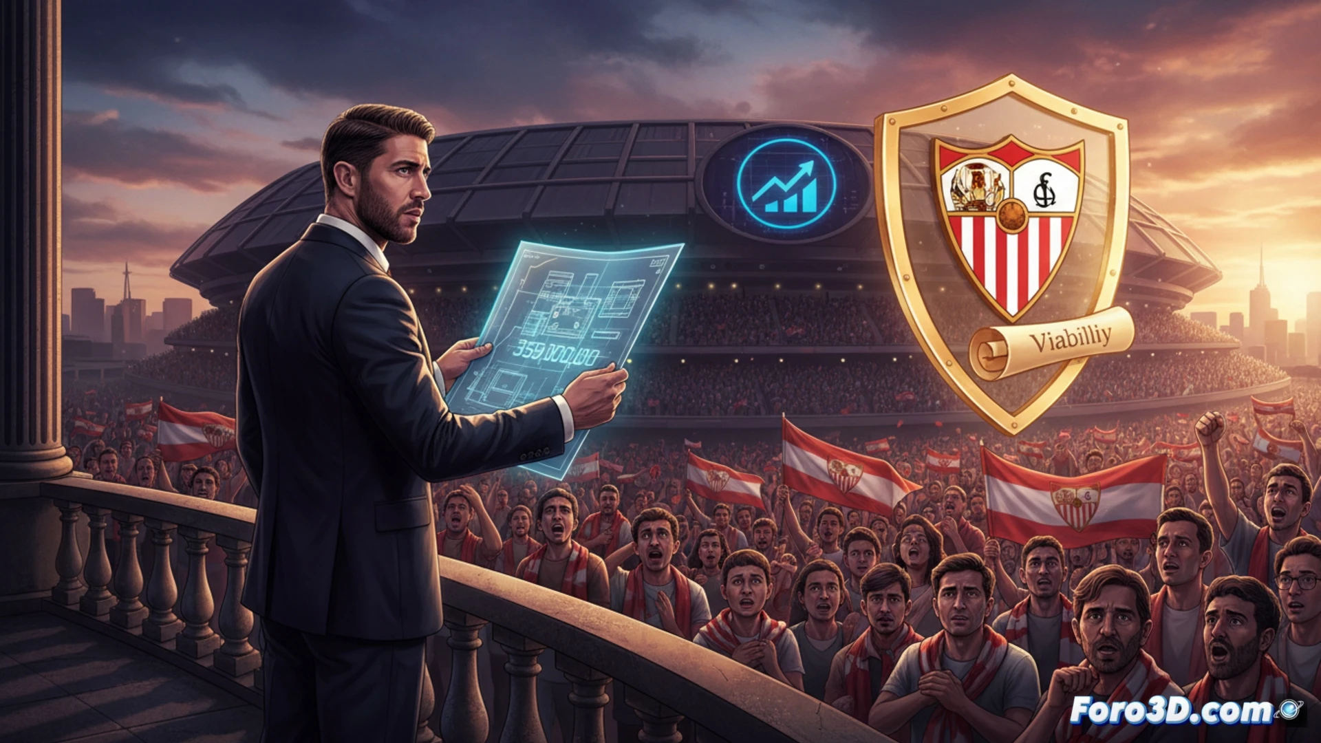 Soccer stadium executive boardroom at night, Sergio Ramos in business suit presenting a holographic financial projection showing a green upward graph and a glowing 359M figure, Sevilla FC crest on digital screen behind him, documents and tablets on mahogany table, hand gesturing toward a 3D rotating club emblem while investors observe, cinematic architectural lighting, polished glass reflections, photorealistic corporate visualization, serious negotiation atmosphere, ultra-detailed textures