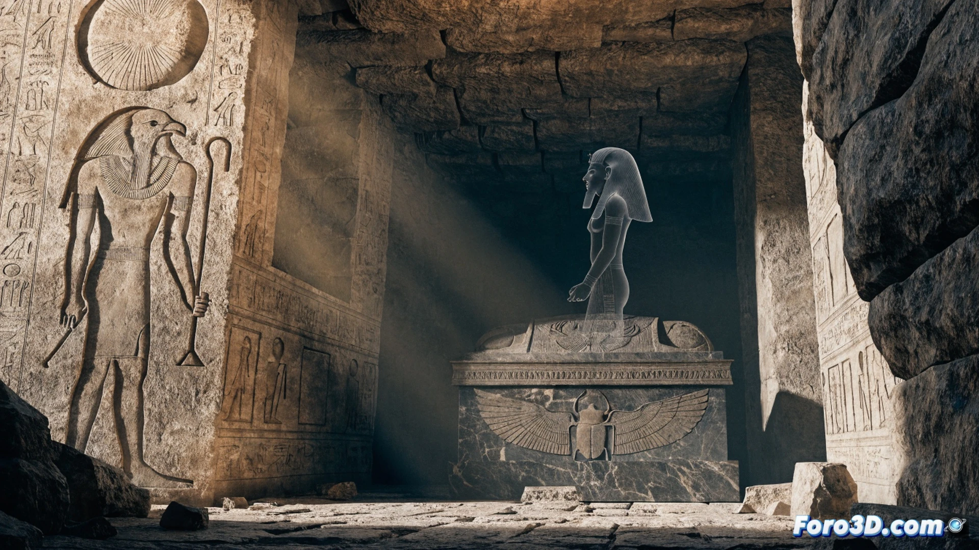 Egyptian Valley of the Kings at dusk, ground-penetrating radar device on tripod scanning a rocky hillside, screen displaying subsurface anomalies and tunnel-like voids in cross-section, archaeologists in khaki examining data on a tablet, sand dust floating in golden light, one worker pointing at a hidden entrance hinted by darker rock texture, photorealistic archaeological visualization, cinematic golden hour lighting with deep shadows, ultra-detailed rock strata and equipment, realistic geological layering, dramatic sense of discovery, technical survey equipment in action