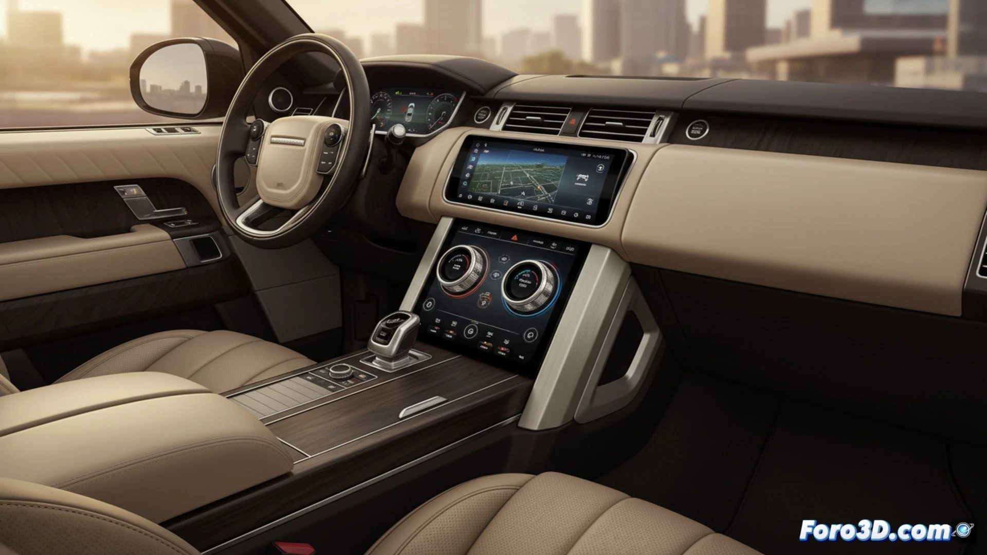interior de un Range Rover 2027, mano del conductor girando una perilla física de volumen de metal cepillado, mientras la otra mano ajusta un mando rotatorio de modo de conducción, panel central con pantalla táctil apagada, detalles de ingeniería automotriz, textura de cuero y aluminio, iluminación ambiental tenue, reflejos en la superficie de los controles, estilo cinematográfico hiperrealista, fotografía técnica de estudio, ángulo cercano mostrando la acción de los dedos sobre los mandos, fondo desenfocado con asientos de lujo