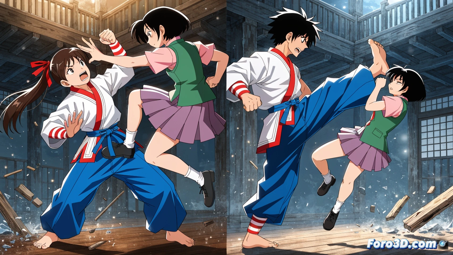 animated martial arts scene with Ranma mid-air transformation splash, water droplets freezing mid-action as male and female silhouettes overlap, steam rising from a wooden hot spring bucket, dojo training weapons blurred in background, comic action lines radiating from impact points, cinematic anime style with vibrant cel-shading, dynamic motion trails showing gender-switch process, dramatic rim lighting on wet hair and martial arts gi, traditional Japanese architecture elements faint in mist, high-energy combat choreography frozen in time, technical illustration of transformation physics, glowing water particles tracing the change sequence
