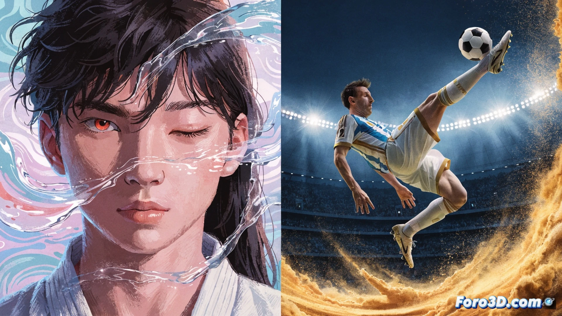 anime-style split scene, left side young man with long black hair and red Chinese outfit splashing cold water from a bucket onto himself, water droplets freezing mid-air as his body begins morphing into a female form, right side soccer player in blue-and-white striped jersey mid-kick during a stadium match, glowing golden ball trailing light as it arcs toward a goal, both figures connected by a mirrored water reflection line at center, cinematic dynamic lighting, realistic muscle tension and fabric folds, motion blur on water and ball, ultra-detailed facial expressions showing struggle and triumph, photorealistic anime render