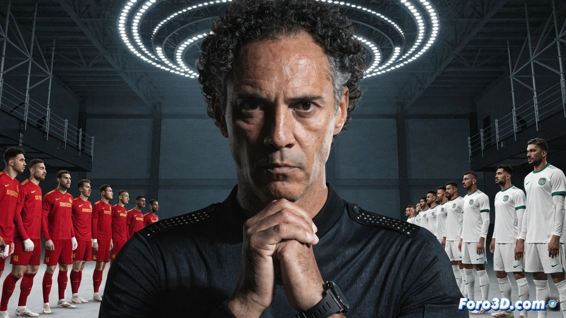 raphael claus in black referee uniform standing on atlanta stadium pitch, holding a red card while looking at players from spain and saudi arabia in heated moment, stadium floodlights casting dramatic shadows on grass, crowd blur in background, cinematic wide-angle shot, photorealistic sports photography style, high contrast lighting, sweat visible on referee face, motion freeze capturing tension, ultra-detailed fabric textures, dramatic evening match atmosphere
