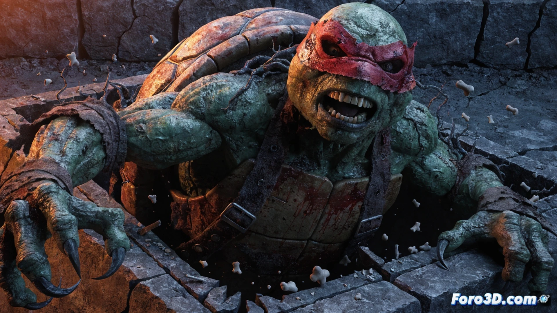 rotoscopia de zombie ninja tortuga emergiendo de tumba de cemento agrietada, manos con garras rompiendo tierra húmeda, dientes afilados y piel putrefacta verde, máscara roja desgarrada colgando, lápida caída con musgo, luces de neón de callejón mojado reflejándose en charcos, ilustración técnica de terror, textura de descomposición realista, sombras dramáticas, alto contraste, estilo cinematográfico oscuro, ultra detallado, render fotorrealista