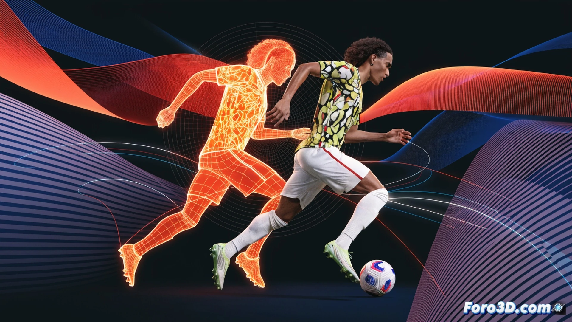 Raphinha dribbling past a defender at Camp Nou, left foot planted while striking with laces, ball curving toward top corner, 3D motion lines tracing his body movement from shoulder drop to shot release, heatmap overlay on pitch showing his high-activity zone near the box, wireframe skeleton highlighting hip rotation and ankle angle during strike, photorealistic technical illustration, dramatic floodlight shadows, grass blades frozen in motion, blurred background crowd, ultra-detailed muscle tension in calf and thigh, cinematic sports science visualization