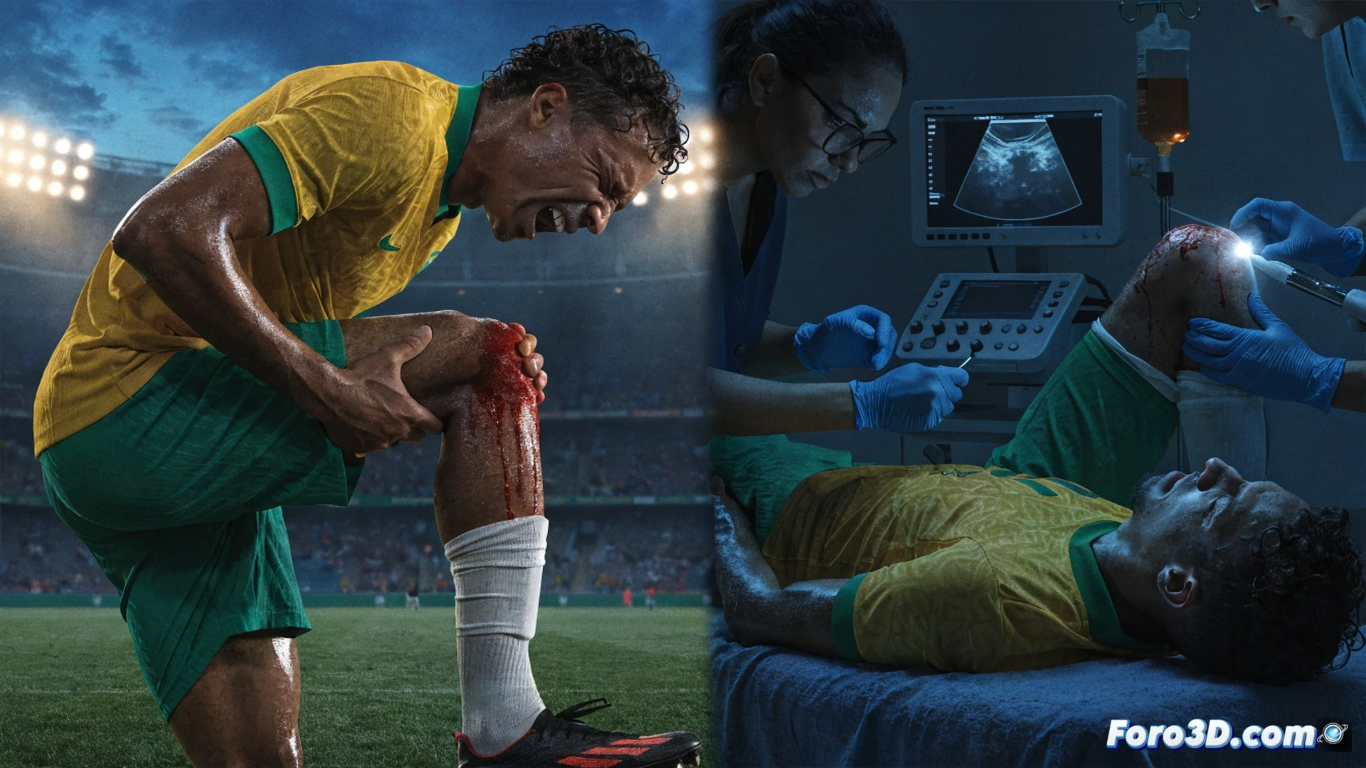 Close-up medical illustration of a footballer's right thigh during a muscle injury treatment session, ultrasound probe scanning the hamstring area while red glowing lines indicate muscle fiber tears, athletic leg with visible strain and swelling, physiotherapist hands applying cold spray and compression wrap, adjacent tactical tablet showing muscle recovery data graphs, stadium background blurred with Brazilian team bench and medical staff in motion, dramatic stadium floodlight casting shadows, photorealistic cinematic medical visualization, high detail skin texture and muscle anatomy, technical lighting emphasizing injury zone.