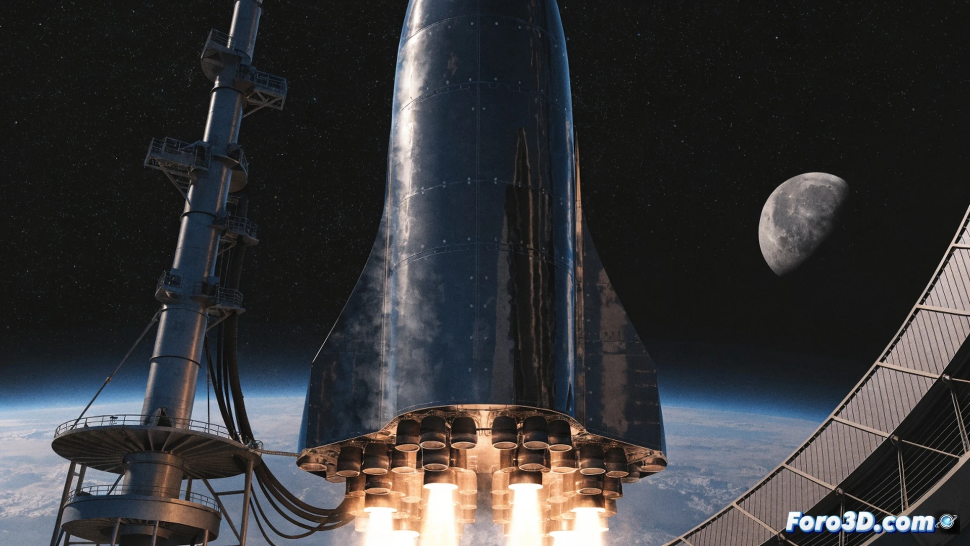 Starship V3 Raptor 3 engine static fire test at dawn, massive stainless steel rocket anchored to launch mount, blue-white plasma exhaust plume expanding downward, shock diamonds visible in supersonic exhaust, thermal glow on engine nozzles, cryogenic propellant lines frost-covered, ground fog vaporizing around launch pad flame trench, cinematic photorealistic technical illustration, dramatic low-angle perspective, industrial floodlights illuminating metallic hull, ultra-detailed turbopump and nozzle engineering, action shot during ignition sequence