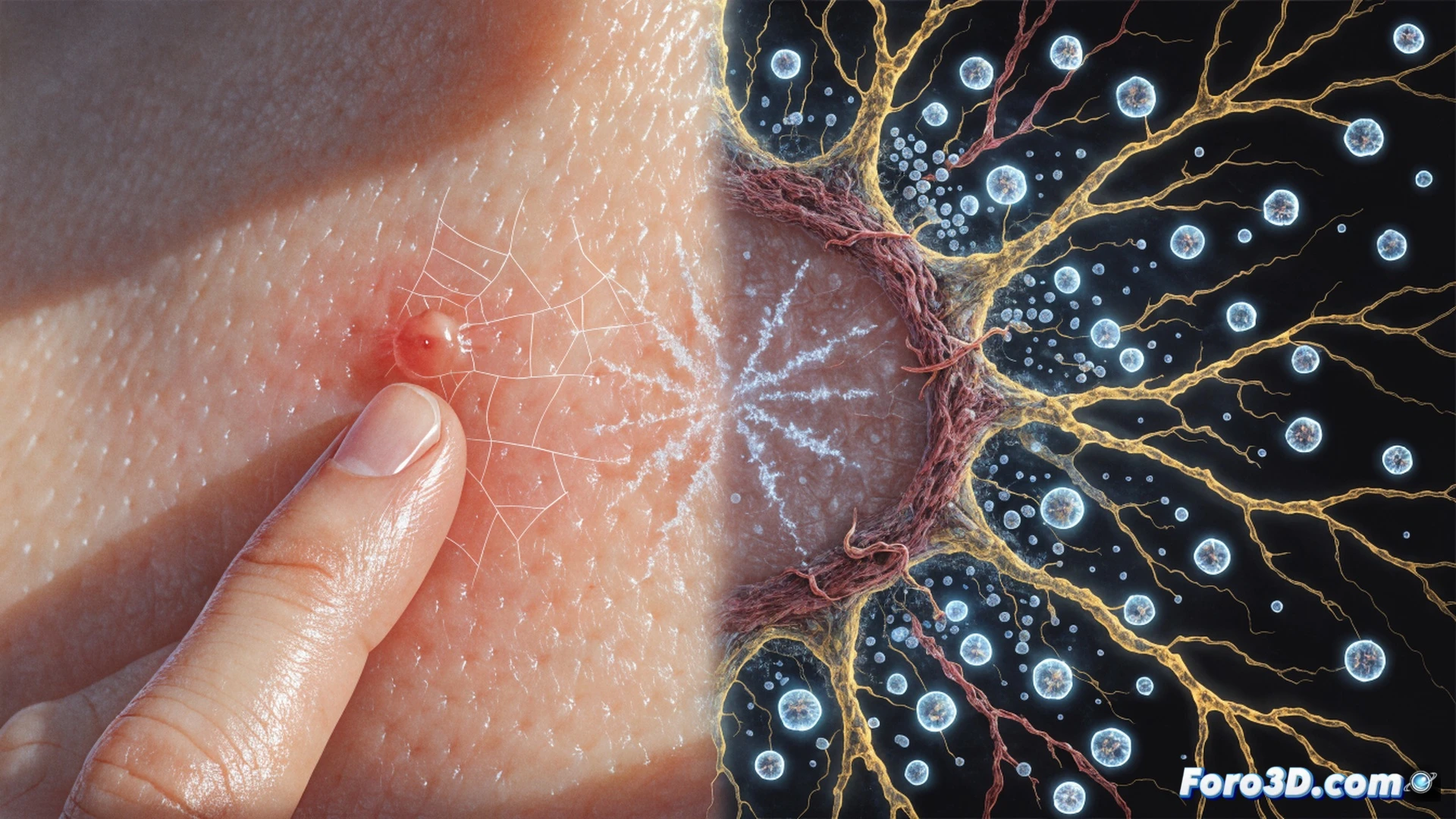 human hand scratching red inflamed mosquito bite on forearm, microscopic visualization of nerve signals activating histamine release, glowing neural pathways branching under skin surface, mast cells releasing inflammatory mediators, cross-section of skin layers showing increased swelling, circular vicious cycle arrow overlay in translucent blue, cinematic medical illustration style, hyperrealistic skin texture with raised welts, dramatic dark background with focused lighting on bite area, photorealistic biological render, detailed dermis and epidermis layers visible