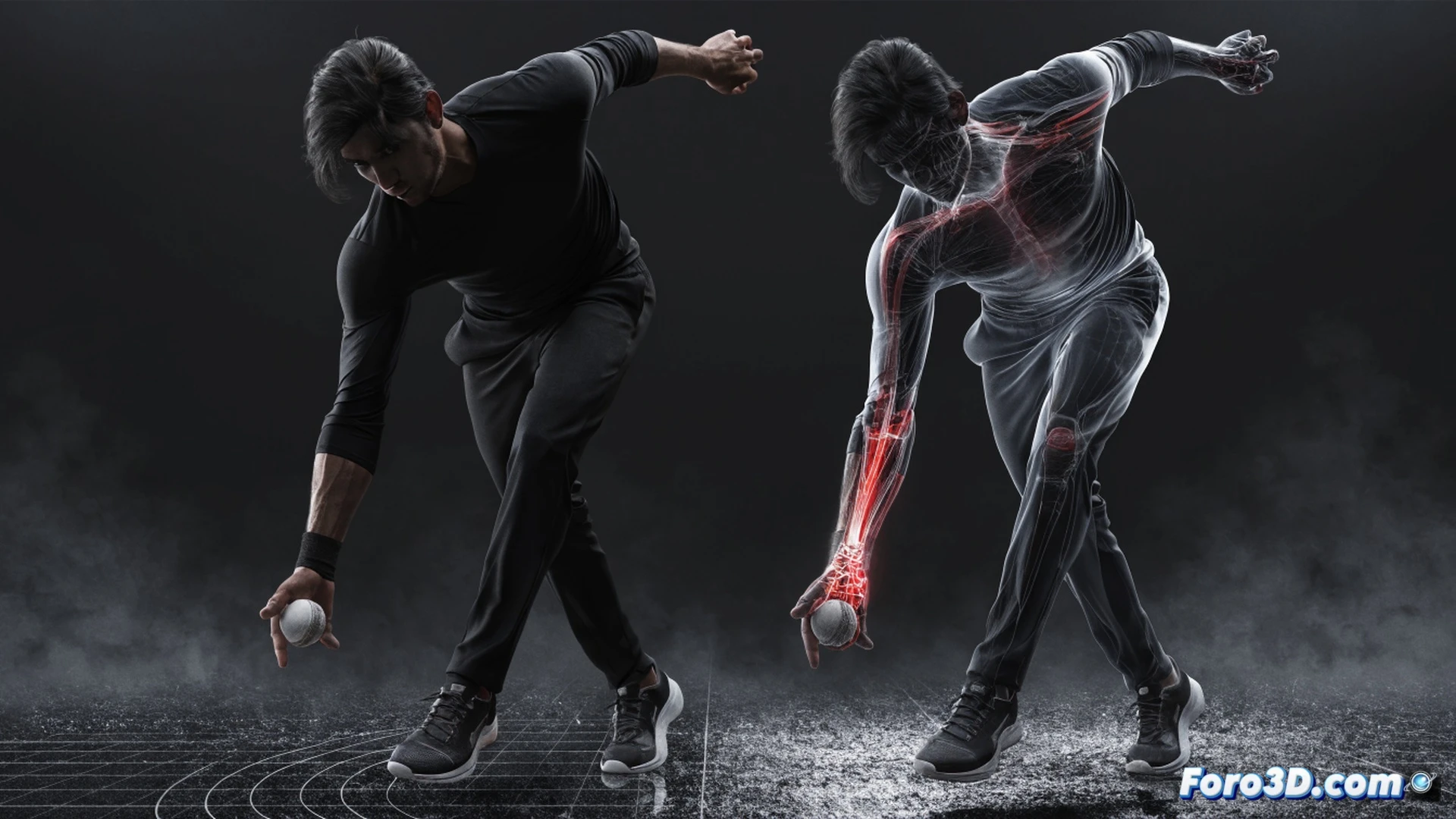 cricket bowler Rashid Khan mid-delivery, wrist bent at extreme angle showing biomechanical deviation, ball releasing from low point near ground, 3D motion capture skeleton overlay with glowing joint trajectories, spinning ball with visible seam rotation, red leather cricket ball, green pitch grass, stumps in background, stadium lights, cinematic sports science visualization, photorealistic technical illustration, dynamic pose, muscle tension visible, motion blur on rotating ball, golden hour lighting, ultra-detailed skin texture, sweat droplets frozen in motion, depth of field