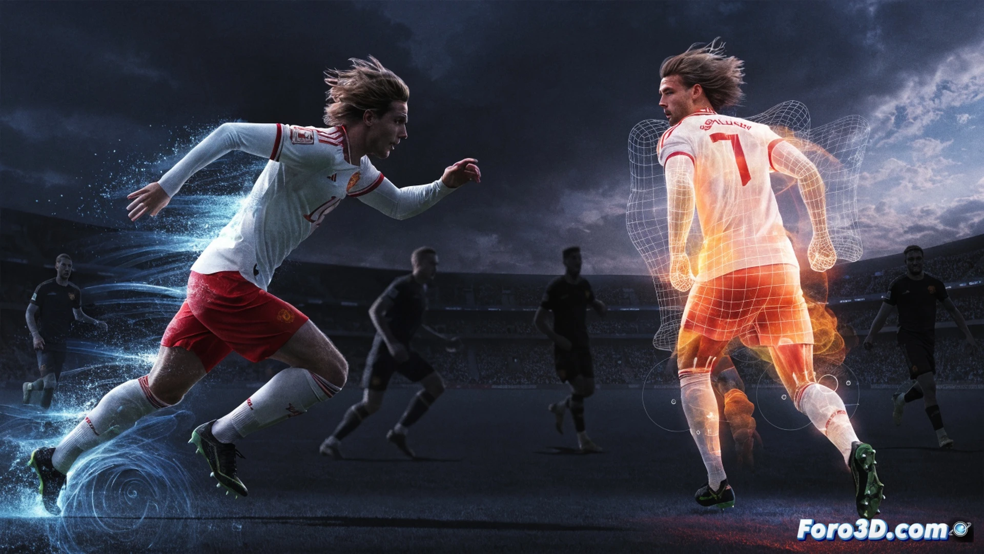 Manchester United striker Rasmus Hojlund sprinting into open space during a counterattack, long stride captured mid-action, opponent defender lunging late, 3D motion capture skeleton overlay showing leg extension and acceleration timing, green trajectory line tracing his run behind defensive line, red heat map on torso indicating core stability during sprint, cinematic technical illustration, photorealistic stadium lighting, dynamic camera angle from low ground tracking his movement, ultra-detailed muscle definition and kit fabric, engineering visualization style