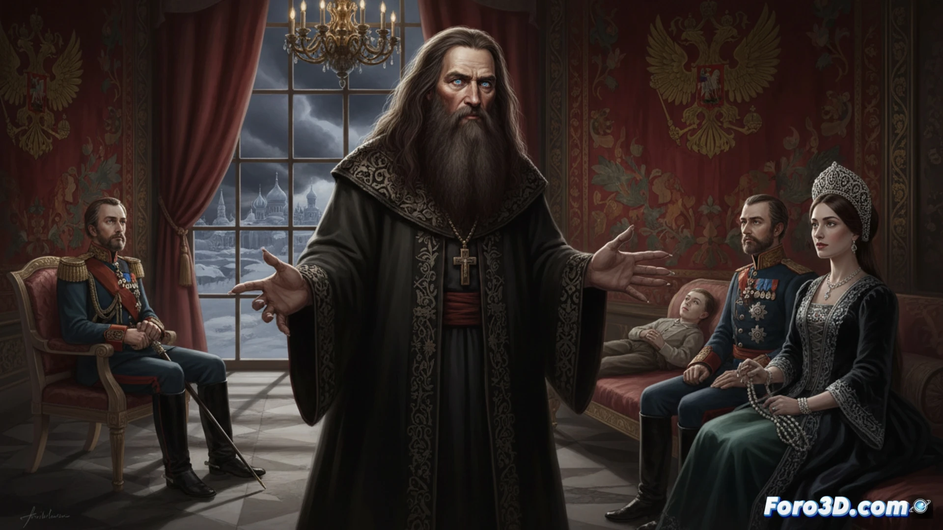 Opulent palace study in disarray, a bearded monk in dark robes leans over a tsarina, whispering while she signs a document with a golden pen, a military officer watches from a shadowy doorway gripping a sword, scattered maps and a cracked imperial eagle seal on the desk, cinematic historical photorealistic render, dramatic chiaroscuro lighting, dust particles floating in shaft of window light, rich wood textures, velvet upholstery, tension visible in officer’s clenched jaw, ultra-detailed period costumes, moody atmospheric composition