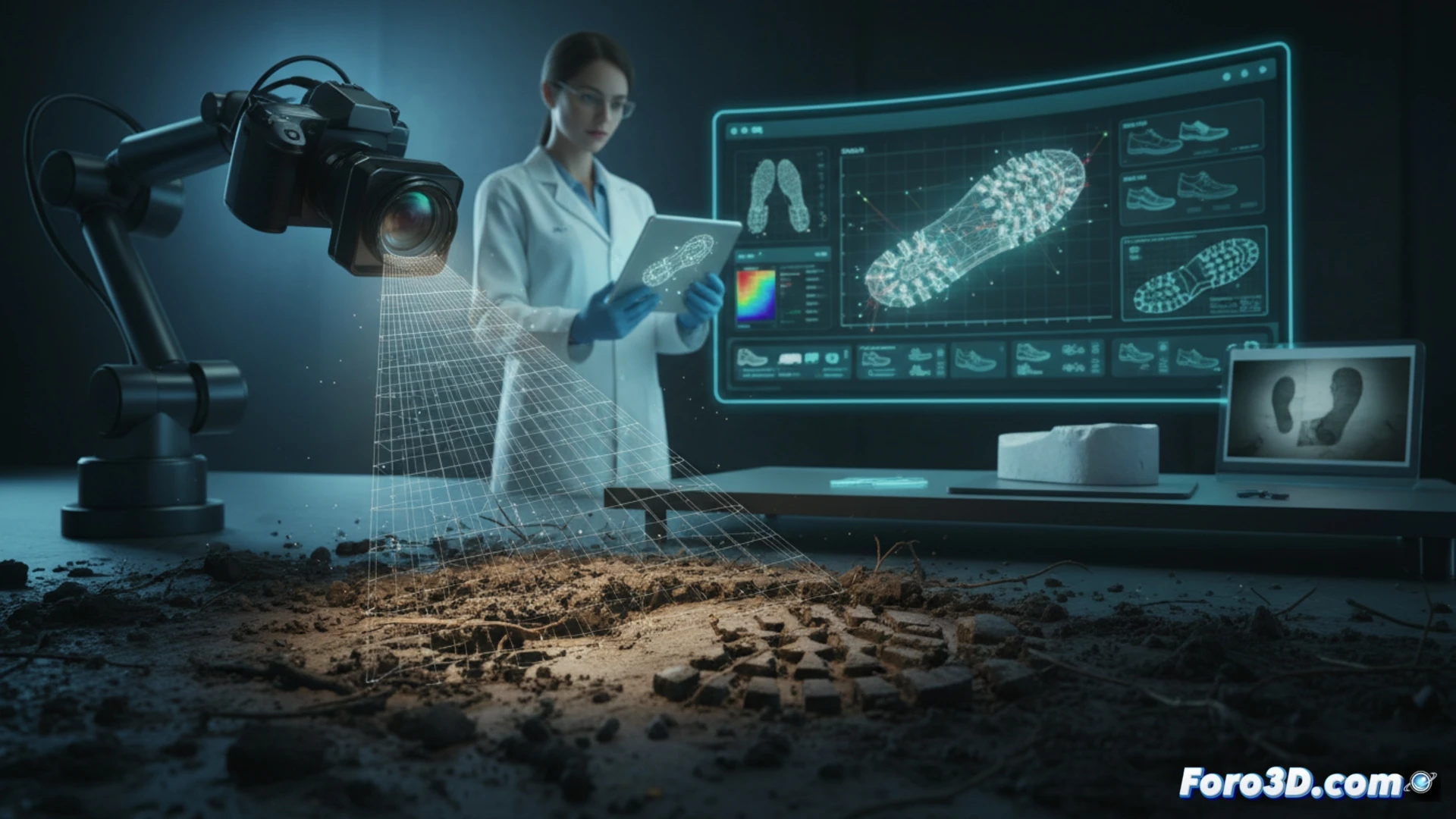 Huella de zapato digitalizada en 3D con colores que muestran profundidad del desgaste en la suela