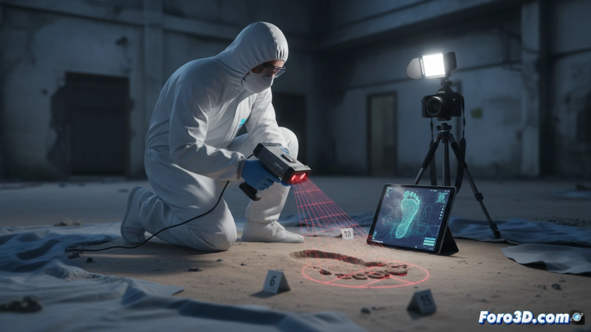Fotogrametria forense 3D de huella de pie descalzo en escena del crimen con relieve detallado