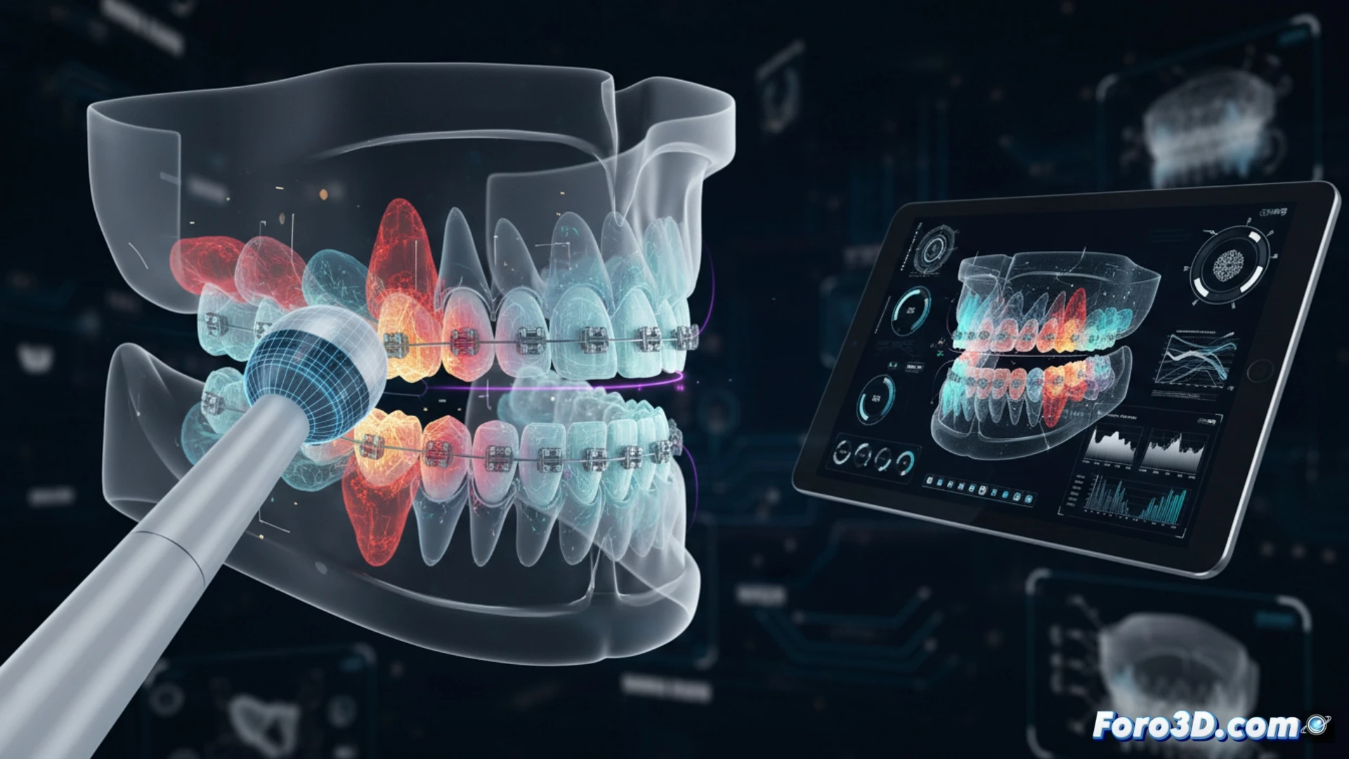 Gemelo digital dental mostrando mapa de fricción y presión en ortodoncia 3D con escaneo intraoral