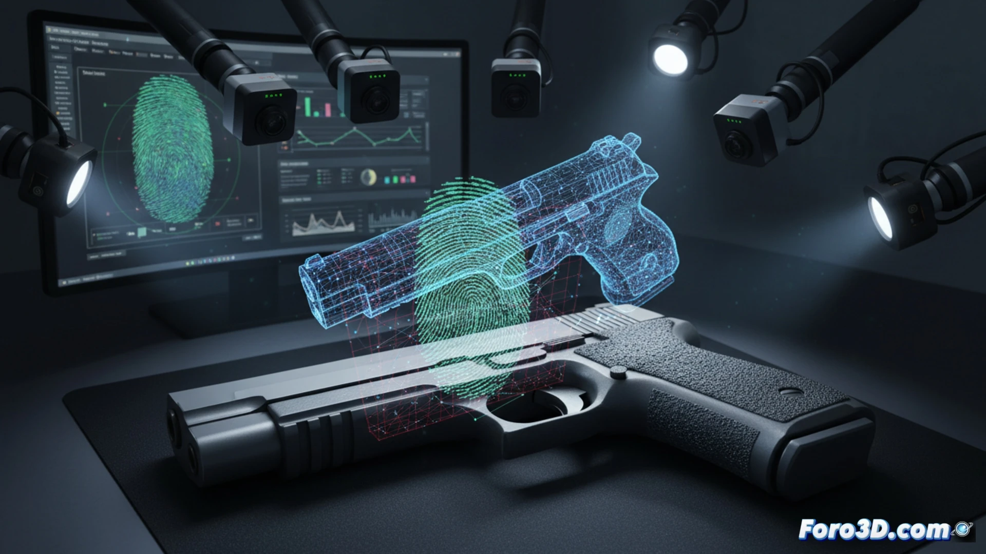 Escaneo 3D de puño de pistola mostrando rastro táctil digitalizado para análisis forense de huellas latentes