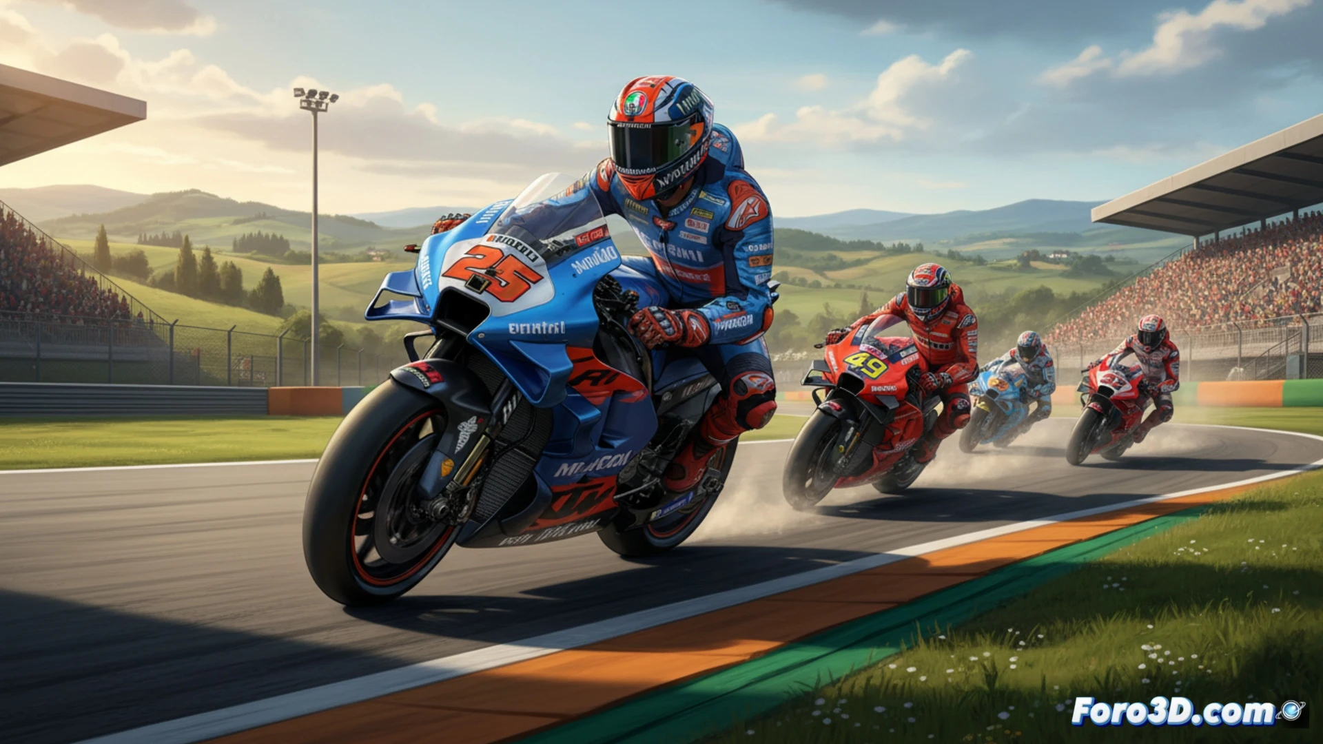MotoGP motorcycle leaning at high speed through Mugello s sweeping corner, front wheel tracktion lines visible on tarmac, rider in black and orange leathers pushing bike to maximum lean angle, exhaust pipe glowing red hot, rear tyre smoking slightly, blurred grandstands and Italian hills in background, cinematic motorsport photography style, dramatic late afternoon golden light, motion blur on wheels and background, photorealistic racing scene, carbon fibre fairing reflections, brake disc glowing orange