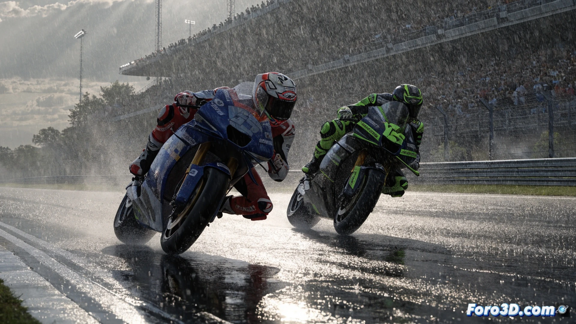 Raúl Fernández sliding his MotoGP bike through a wet Assen chicane, rear tyre spinning and spraying a rooster tail of rainwater, front wheel angled for tight corner exit, Jorge Martín’s bike visible behind in blurred pursuit, droplets on visor and fairing, technical racing action under overcast sky, cinematic photorealistic engineering visualization, carbon fibre bodywork reflecting grey light, suspension compressed under braking, motion blur on wheels and track surface, intense dramatic lighting, ultra-detailed mechanical components, realistic wet tarmac and tyre smoke