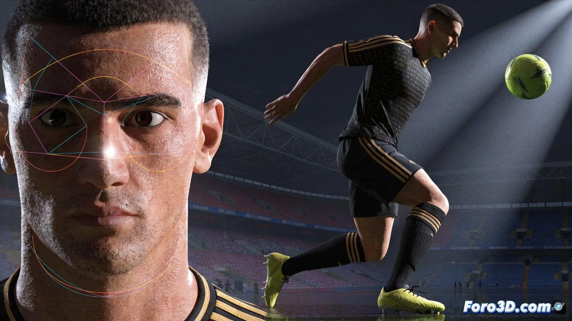 Realistic 3D technical render of a striker making a diagonal blind-side run between two defenders, movement lines tracing his trajectory while a glowing heatmap highlights spatial zones on the pitch, tactical arrows showing defensive line disruption, cinematic sports science visualization, photorealistic stadium lighting, detailed player models with dynamic motion blur, data overlay panels with wireframe skeletal tracking and trajectory curves, ultra-detailed turf texture, dramatic low-angle shot from behind the defensive line
