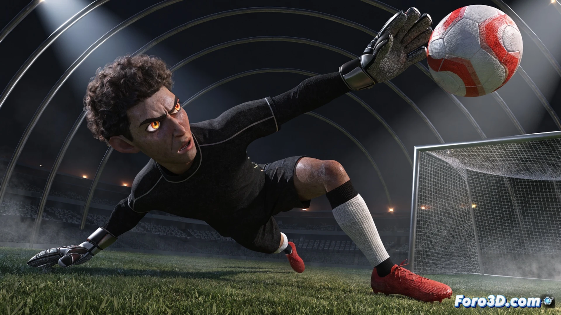 hyper-detailed technical 3D illustration of a goalkeeper sweeping far outside the penalty box, left foot striking a loose ball while body is fully stretched horizontally, motion blur on ball trajectory, glowing tactical lines showing reading of an opposing striker's run, radar-style tracking arcs from the goal line, wireframe overlay of body mechanics and joint angles, cinematic photorealistic render with stadium floodlights, grass particles flying from the aggressive slide, ultra-sharp focus on glove and boot cleats, dynamic low-angle camera perspective emphasizing extreme spatial awareness