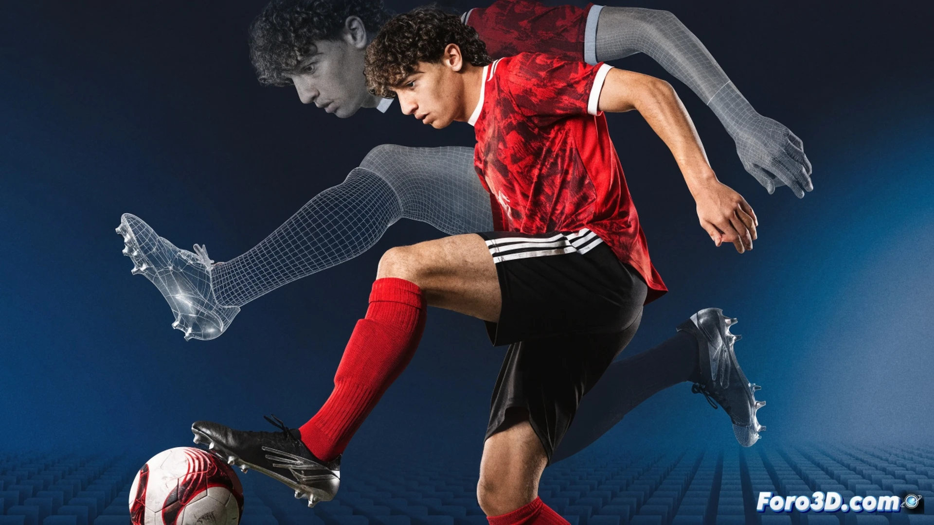 Close-up 3D technical visualization of a left foot striking a football with intense spin, sweat droplets flying off the boot surface, motion-blurred grass blades bending under pressure, glowing orange trajectory lines tracing the ball path, a translucent tactical overlay showing passing lanes and opponent markers fading in the background, cinematic photorealistic lighting, deep shadows contrasting with bright stadium floodlights, ultra-detailed leather texture and blade studs, engineering-style render with precision grid lines and dynamic energy waves radiating from the impact zone