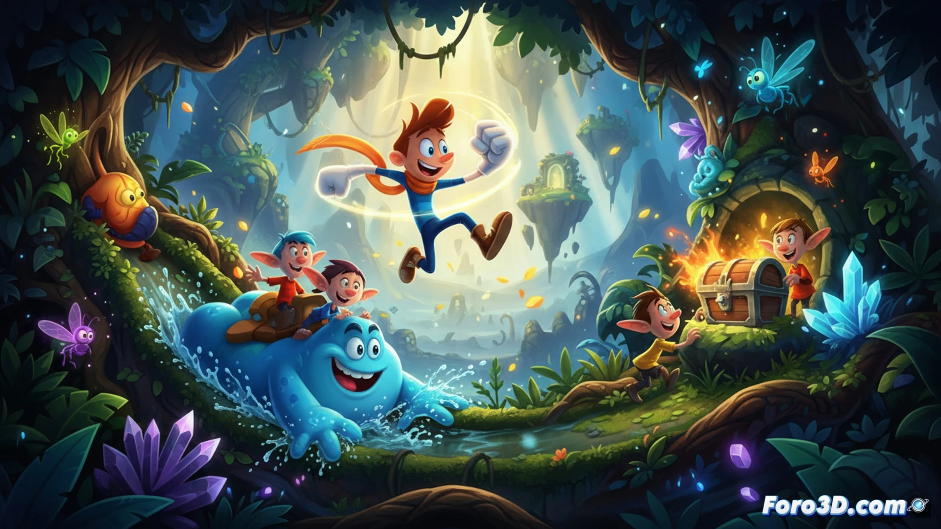Rayman Origins Enhanced Edition running on a high-end gaming PC monitor, 4K resolution display showing crisp platformer level with vibrant jungle background, character mid-air jump action with glowing particle trails, controller in player’s hand demonstrating smooth 60 fps motion, hidden collectible orb shimmering behind a translucent wall, three additional character silhouettes in cooperative mode standing on separate platforms, technical engineering visualization style, realistic light reflections on screen glass, subtle motion blur on fast-moving elements, ultra-detailed game textures and foliage, cinematic lighting from in-game sun rays, photorealistic render with crisp edge definition