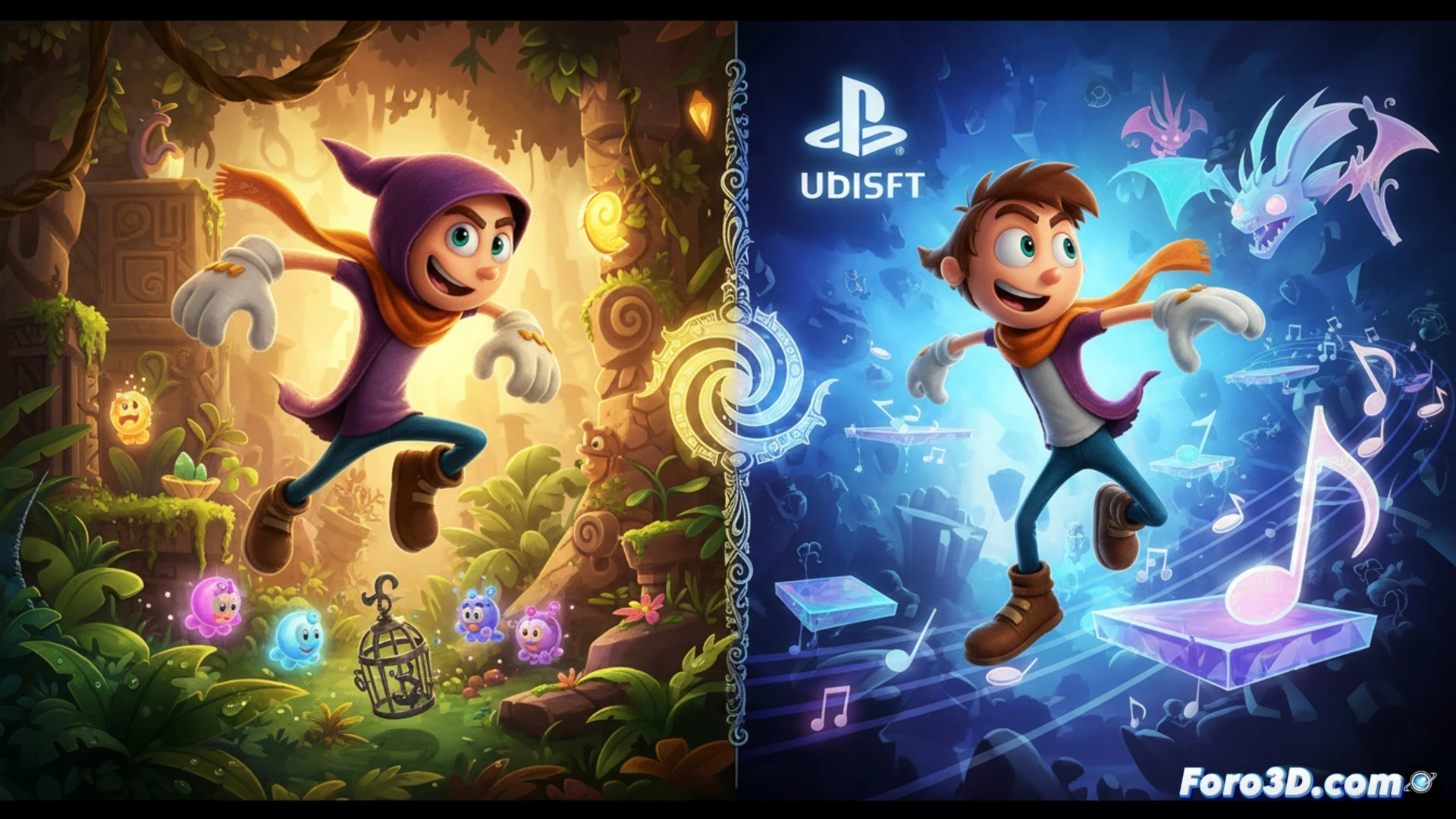 Dos pantallas de juego una al lado de la otra, en la izquierda Rayman Origins mostrando un personaje corriendo por un nivel de jungla con enredaderas en movimiento, en la derecha Rayman Legends con un personaje deslizándose por una tubería de viento mientras plataformas musicales pulsan al ritmo, ambas escenas con líneas de código fuente superpuestas y ventanas emergentes de herramientas de edición de niveles mostrando capas de assets y parámetros de física, estilo cinematic technical illustration, iluminación dramática azul y naranja, texturas pulidas, sombras nítidas, transparencia de interfaz de desarrollo