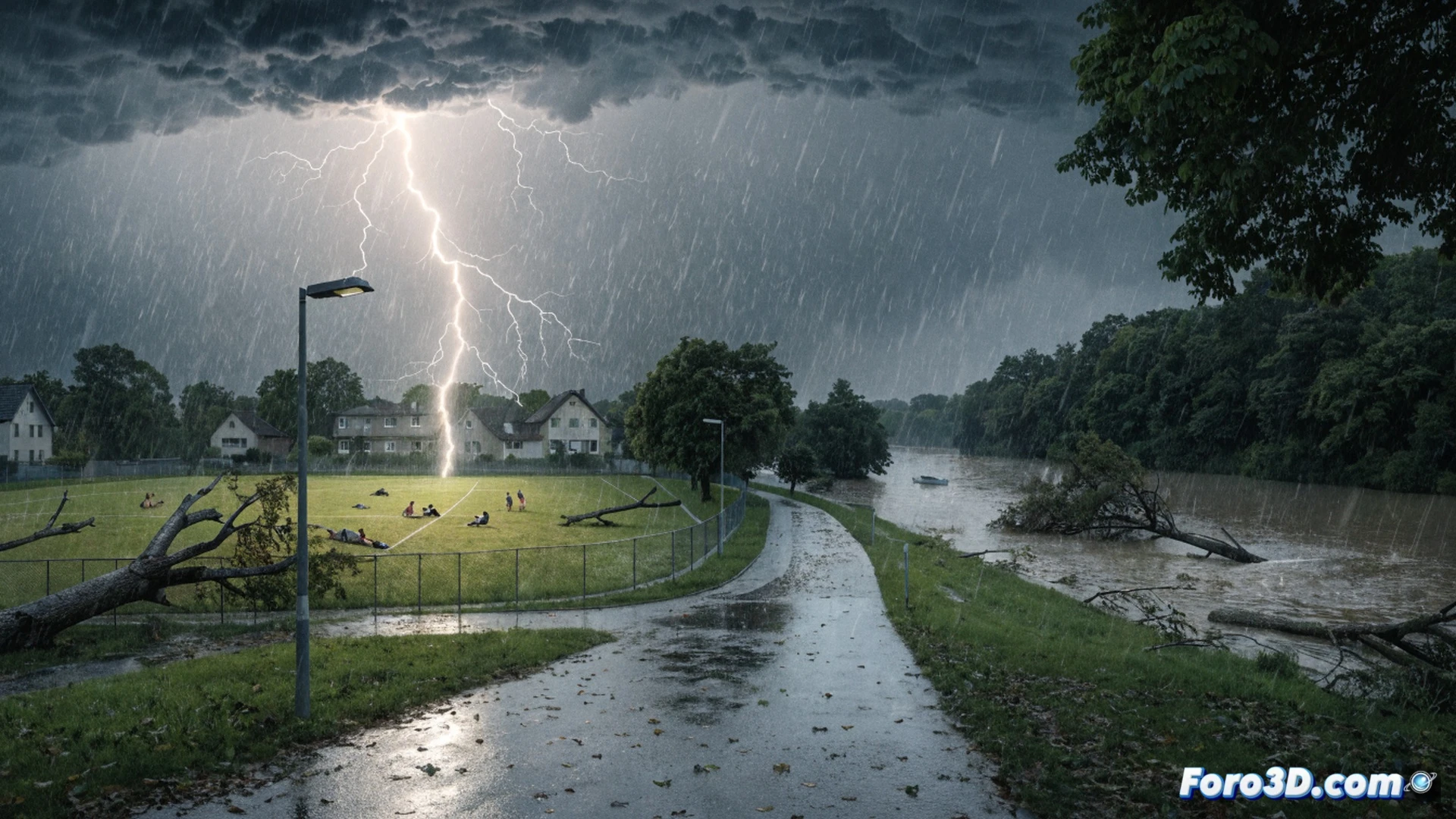 Campo deportivo en tormenta severa, rayo eléctrico impactando poste metálico junto a carpa blanca, personas huyendo bajo lluvia intensa, árbol inclinado por viento, charcos con ondas, nubes oscuras y relámpagos de ramificación, estilo cinematográfico hyperrealista, iluminación dramática con destellos blancos y azules, textura de césped mojado y asfalto reflectante, sensación de peligro inminente, composición dinámica con movimiento congelado, alta definición técnica, render fotorrealista para simulación de clima extremo