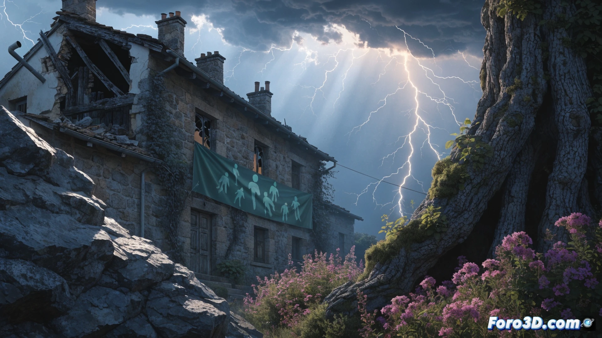 A powerful lightning bolt striking a rooftop antenna in a Spanish town, ceramic roof tiles shattering and smoke rising from impact point, a large white banner with subtle wind movement hanging from the balcony railing, neighbors gathering in the street below looking up while pointing at the damage, dramatic storm clouds with dark blue and grey tones, cinematic photorealistic style, high-contrast lighting with flashes of electrical discharge, wet cobblestone street reflecting the scene, technical accuracy in electrical arc branching pattern and structural damage details, emotional community solidarity atmosphere