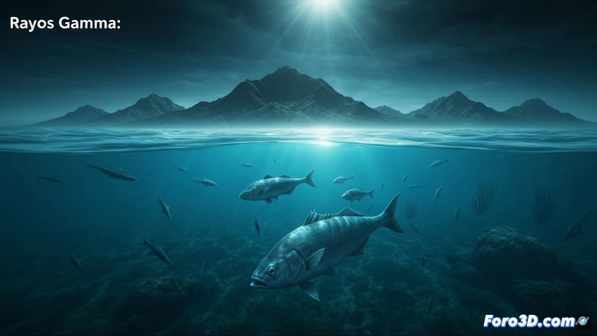 Cinematic visualization of ocean surface devastated by gamma ray burst, microscopic phytoplankton cells disintegrating mid-water column under intense radiation, dead krill and small fish floating belly-up in murky green water, sunlight piercing through toxic haze, lifeless fishing net drifting empty, photorealistic underwater scene, dramatic red-orange sky reflecting on dead sea, ultra-detailed organic decay, microscopic plankton structures glowing with fatal radiation damage, eerie stillness, no visible text or numbers, technical biological illustration style