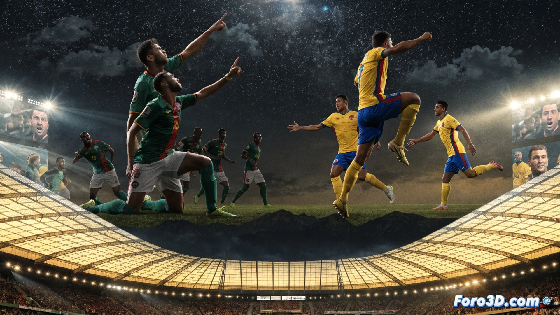 Cinematic football scene: Congolese player in leopard-pattern jersey striking ball with force during a match simulation, stadium floodlights casting dramatic shadows on artificial turf, ball mid-flight with motion blur, nearby Colombian player sliding tackle attempt, bench teammates standing with hopeful expressions, tactical analysis tablet on sideline showing group standings and match timeline, photorealistic sports visualization, high contrast lighting, sweat droplets visible, goal net in background slightly blurred, emotional tension captured, ultra-detailed fabric textures and grass blades