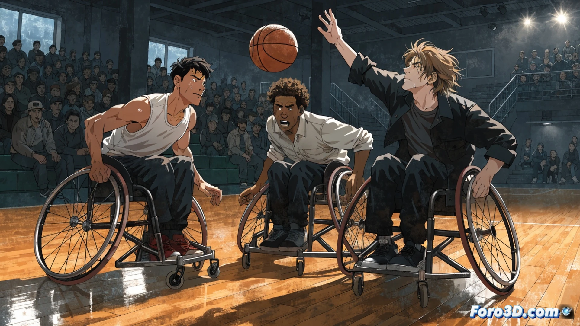 three wheelchair basketball players in a tense game moment, one player launching a pass while leaning forward in a custom sport wheelchair, carbon fiber frame and spoked wheels visible, another player pivoting aggressively to receive the ball, sweat on faces, polished gymnasium floor reflecting overhead lights, wheel spokes catching motion blur, hands gripping rubberized basketball, dynamic physical effort and strained expressions, cinematic sports photography style, dramatic low-angle perspective, harsh arena lighting casting long shadows, photorealistic human anatomy and wheelchair mechanics, intense competitive atmosphere, no text or numbers
