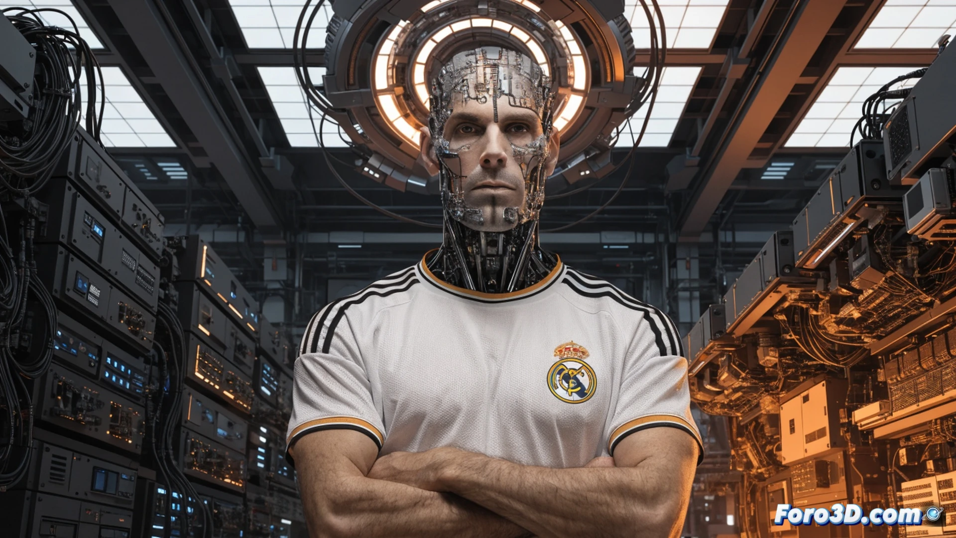 futuristic football stadium tunnel, android coach with Xabi Alonso facial features and tactical tablet interface, holographic play diagrams floating above pitch, glowing blue neural network cables connecting android to bench control panel, stadium floodlights casting cold metallic reflections on synthetic skin, motion sensors and tactical AI software displayed on transparent screens, during pre-match analysis, cinematic engineering visualization, photorealistic technical render, sleek white android body, carbon fiber joints, tactical data streams as glowing particles, dramatic low-angle shot, ultra-detailed mechanical components