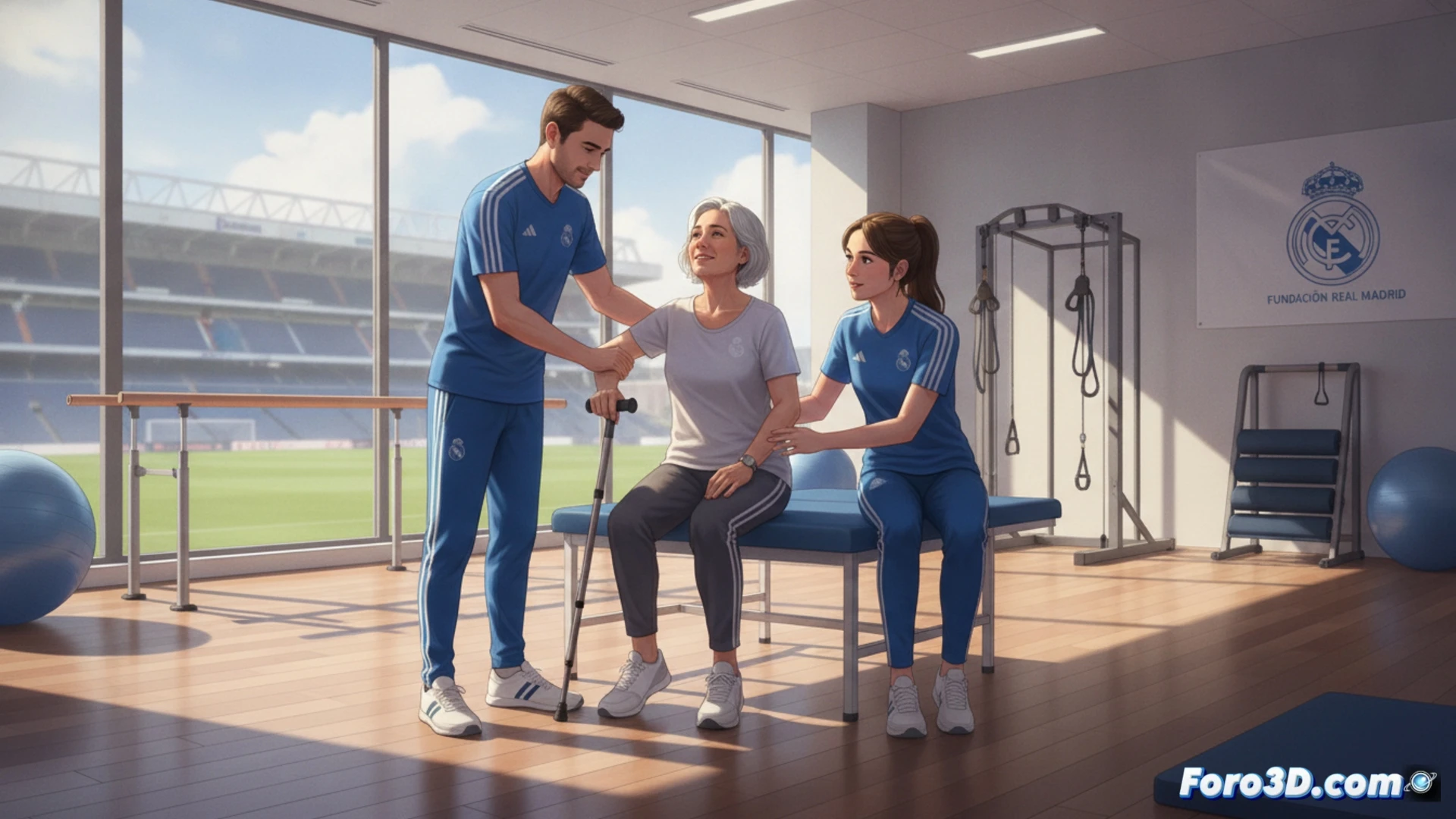 A physiotherapy session in a modern rehabilitation room, a patient with multiple sclerosis performing leg exercises on a specialized balance board while a physiotherapist adjusts a robotic exoskeleton brace, resistance bands and electrical stimulation electrodes visible on the patient, medical monitoring screen showing muscle activation graphs, bright clinical lighting with warm wood accents, white Real Madrid Foundation logo on the wall, professional medical equipment in background, photorealistic healthcare visualization, sharp focus on therapeutic action and assistive technology