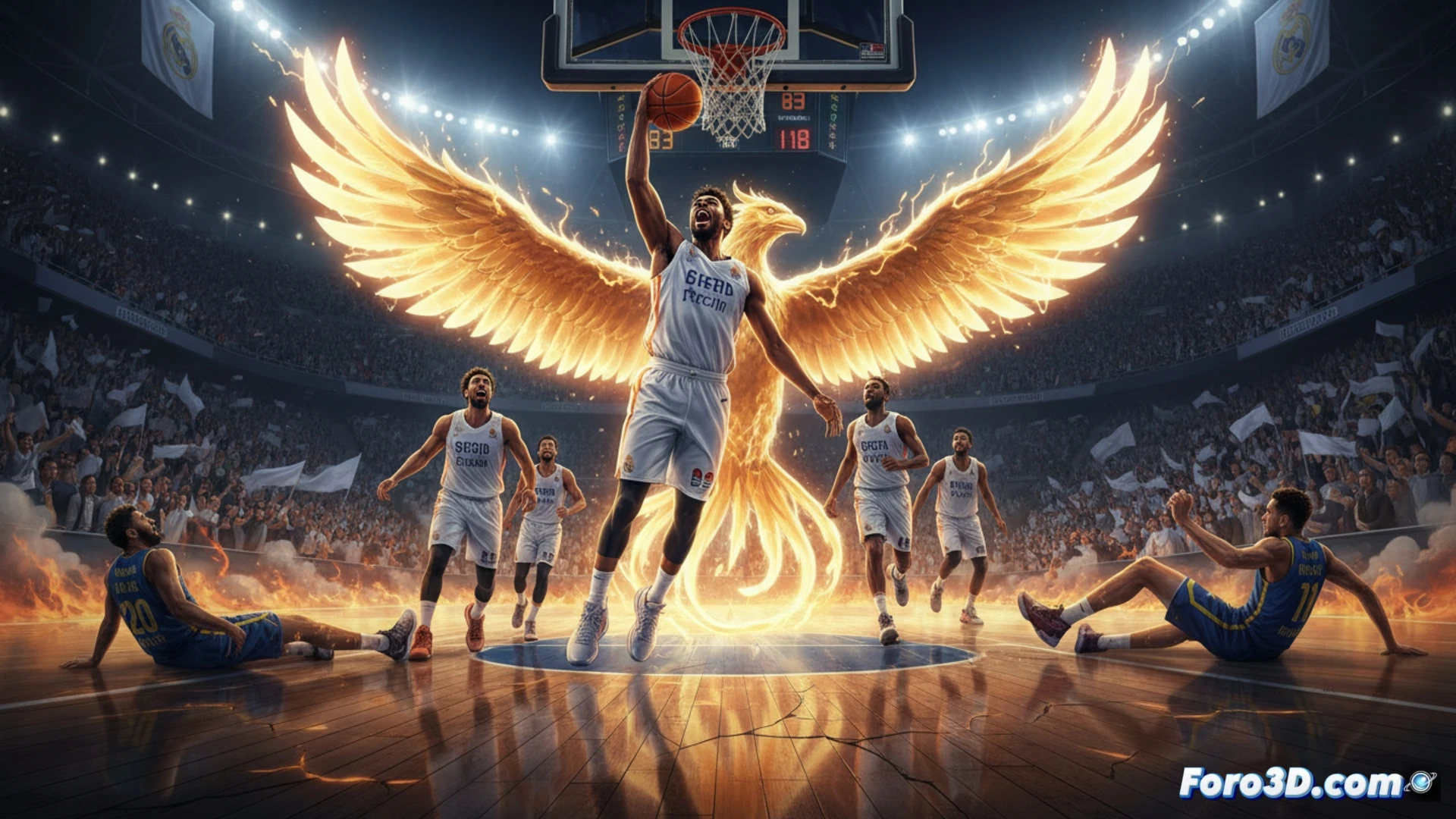 Un jugador del Real Madrid celebra un mate entre aficionados del Tenerife, con marcador 83-118 al fondo.