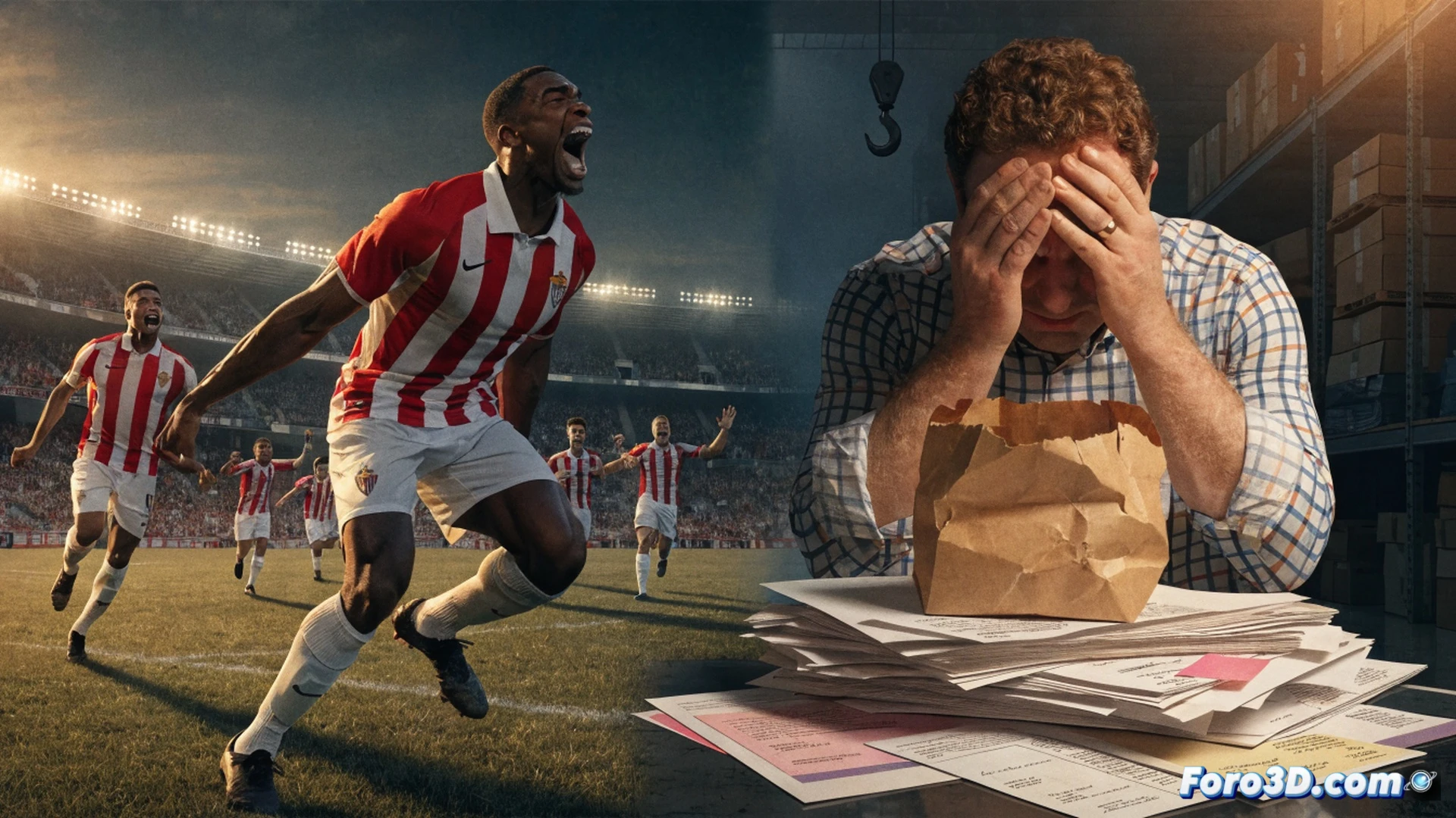 Real Zaragoza club office interior, financial documents spread across a wooden desk, a club executive handing a payroll envelope to a player silhouette while a stack of unpaid supplier invoices sits in shadow, calculator and laptop showing budget spreadsheet, tension in the scene, photorealistic technical illustration, dramatic chiaroscuro lighting, dust motes in light beam, worn leather chair, clock showing late hour, cinematic financial crisis visualization