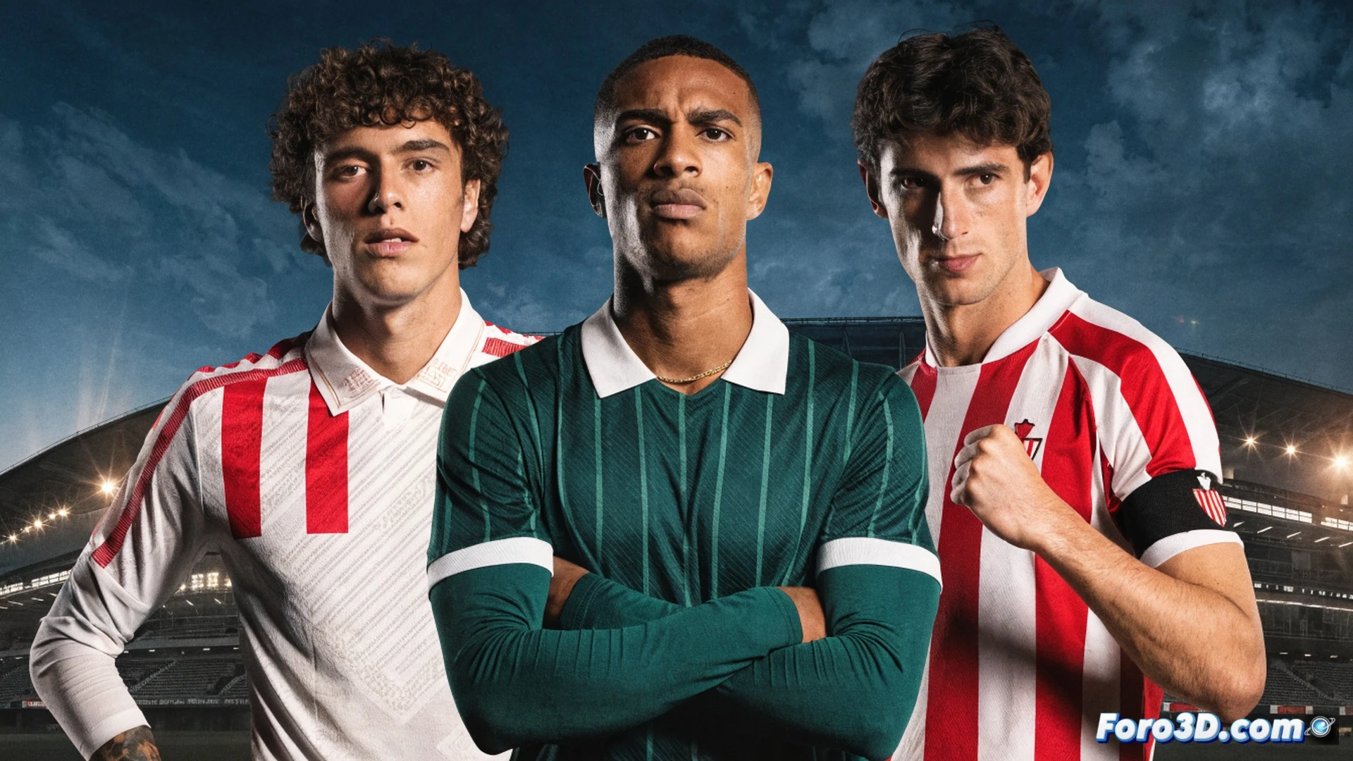 three football players in dynamic action poses on a modern training pitch, Jaume Jardí executing a powerful strike on a football, Raúl Pereira performing a sliding tackle, Anartz Peña jumping for a header, all wearing Real Zaragoza red-and-white striped kits, technical tactical diagram overlay showing player movement arrows and formation lines, stadium lights illuminating the scene, cinematic sports photography style, photorealistic render, intense athletic expressions, motion blur on ball and limbs, detailed grass texture, dramatic low-angle perspective, high-contrast lighting
