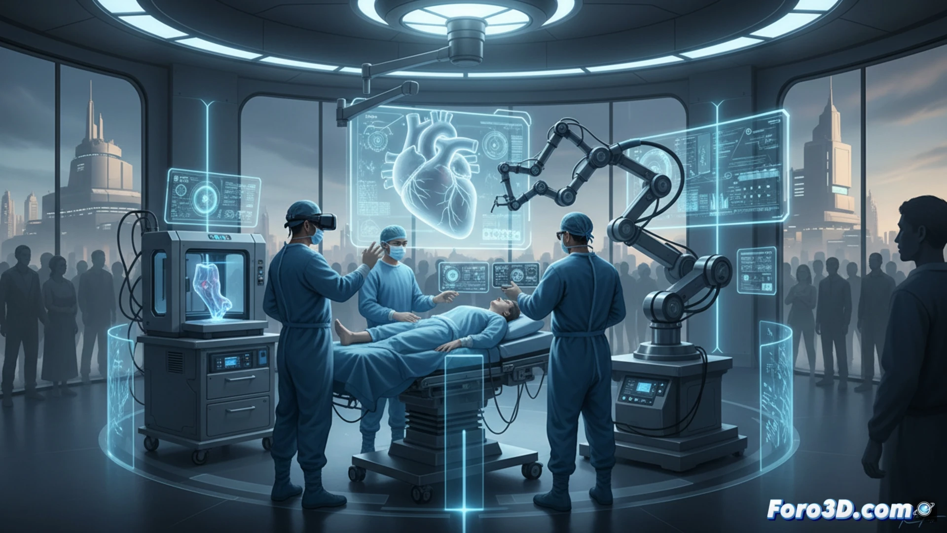 surgical planning station in a private hospital, surgeon using VR headset and haptic controllers while manipulating a 3D holographic heart model, 3D printer in background printing a custom titanium implant, advanced medical software interface with wireframe organ overlay, cinematic technical illustration, cold blue LED lighting, polished white medical environment, photorealistic engineering visualization, sharp focus on surgeon hands and holographic interaction, sterile atmosphere, high-tech medical equipment