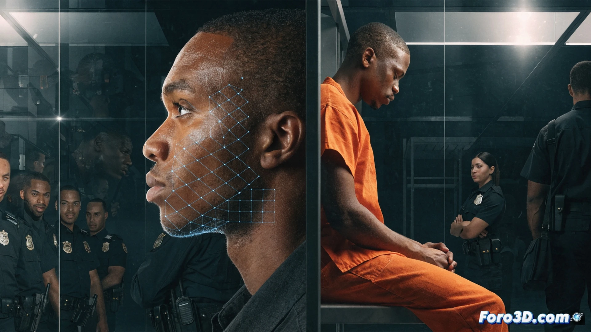 Close-up surveillance camera footage being analyzed on a police laptop screen, facial recognition software interface showing a false match with red error overlay, two Black men handcuffed in separate scenes, one in a prison cell looking at a phone with a lost job notification, the other standing in a police lineup with confused expression, split-screen composition, cinematic photorealistic style, cold blue and harsh fluorescent lighting, reflection of bars on glass monitor, technical elements like biometric scanning lines and database search results, dramatic shadows, ultra-detailed skin textures and police equipment, forensic workstation environment