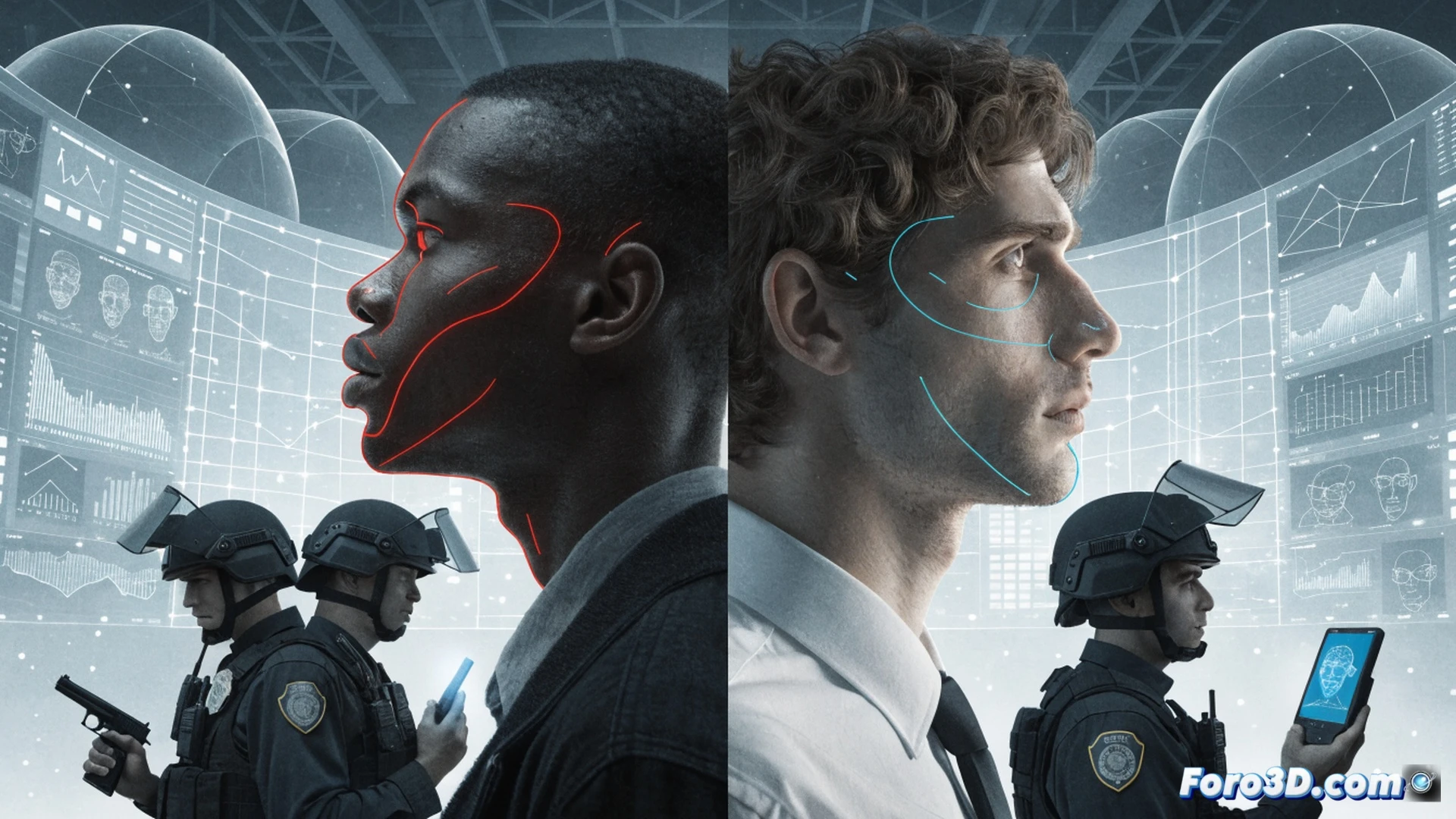Photorealistic cinematic scene of a police facial recognition system in action, a Black man being wrongly identified by a glowing red scan grid on a monitor, handcuffed by officers while his face mismatches a database profile, software interface showing false positive alert, error logs being ignored in background, courtroom gavel and prison bars reflected on the screen, dramatic shadow and blue-red police lighting, technical hardware like cameras and servers visible, surveillance cameras pointing at innocent pedestrians, contrasting white male face passing through same system without error, ultra-detailed engineering visualization, cold metallic textures, dystopian atmosphere