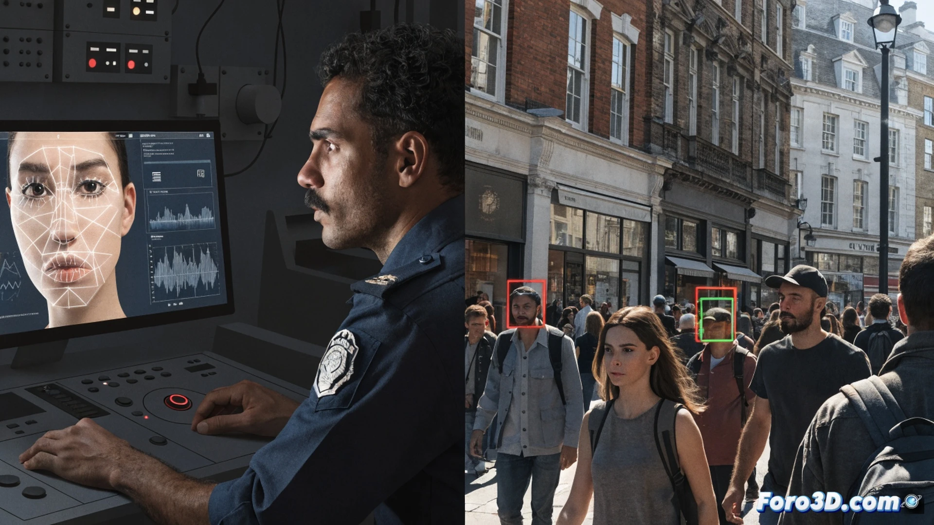 London street scene at night, police officer watching live facial recognition camera feed on tablet, surveillance cameras mounted on lamppost scanning crowd, suspect being handcuffed by officers in background, crowded sidewalk with pedestrians walking past, cinematic photorealistic style, blue and orange neon lighting reflecting on wet pavement, police car with flashing lights, technical equipment visible including camera lenses and digital interface on tablet screen, action moment of arrest happening in real-time, ultra-detailed urban environment, dramatic shadows