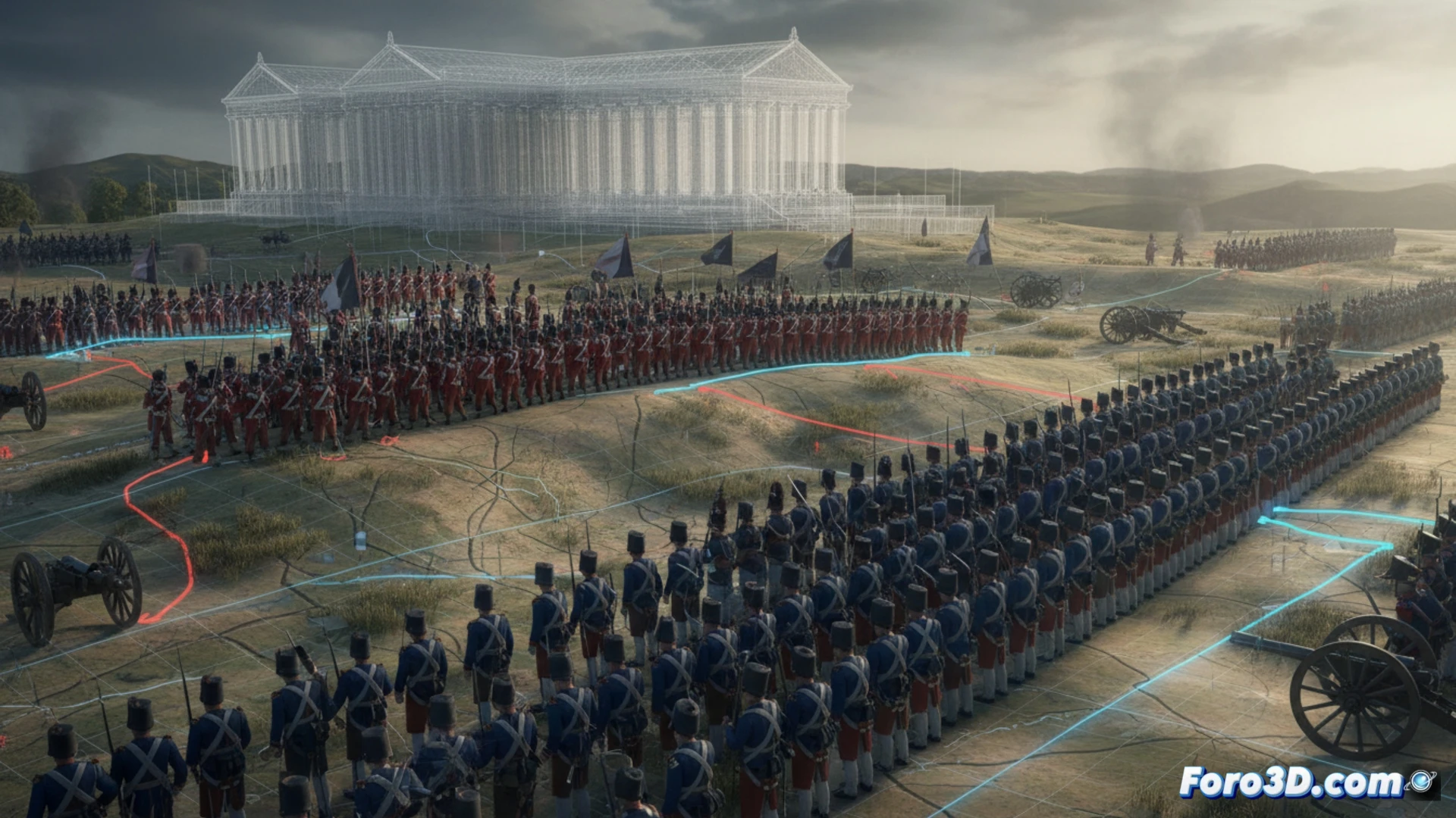 Reconstruccion 3D de batalla historica con tropas, artilleria y topografia detallada en campo de Waterloo