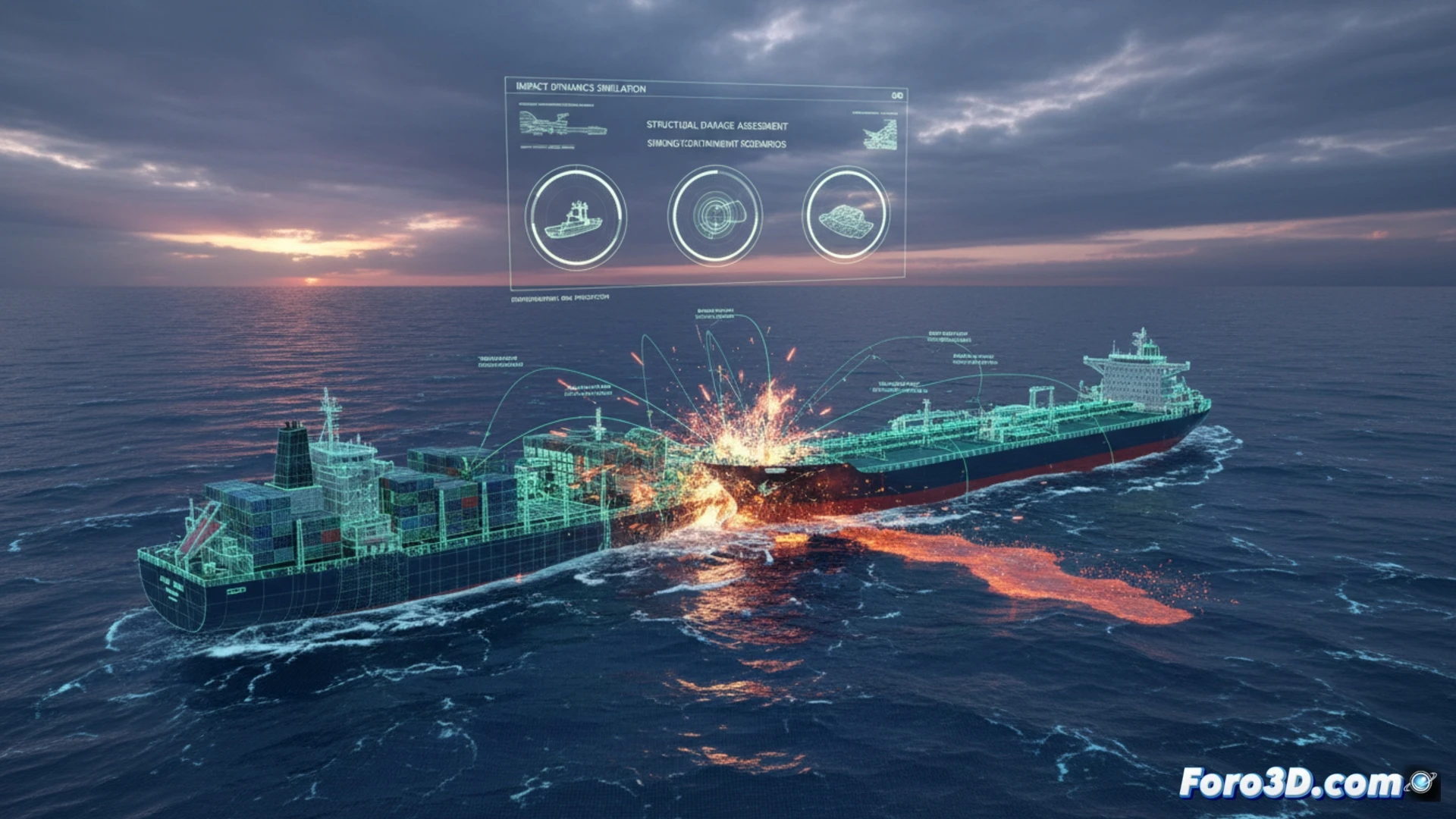 Reconstruccion 3D de colision naval con gemelo digital, impacto en casco y simulacion de hundimiento en alta mar