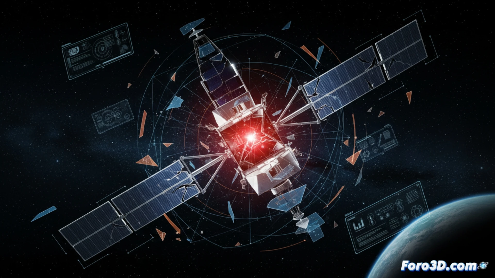 Reconstruccion 3D de falla en satelite mostrando punto de ruptura estructural en orbita