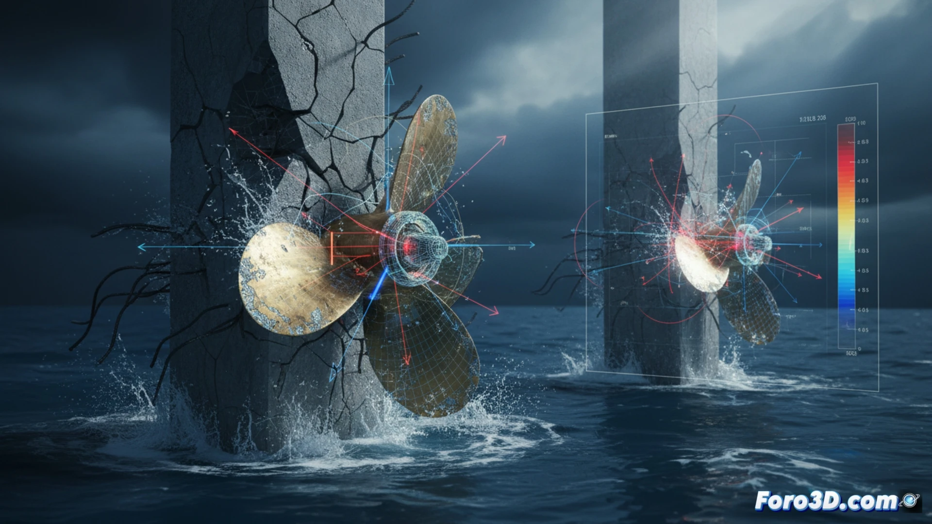 Reconstruccion 3D forense de colision entre helice de barco y muelle con analisis de impacto