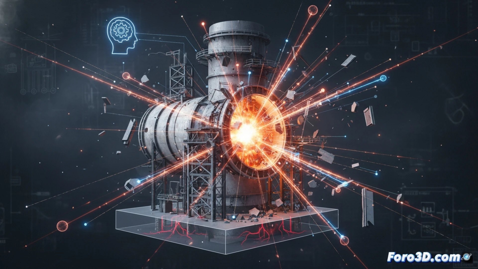 Simulación 3D de deflagración en termo eléctrico con onda expansiva y daños estructurales